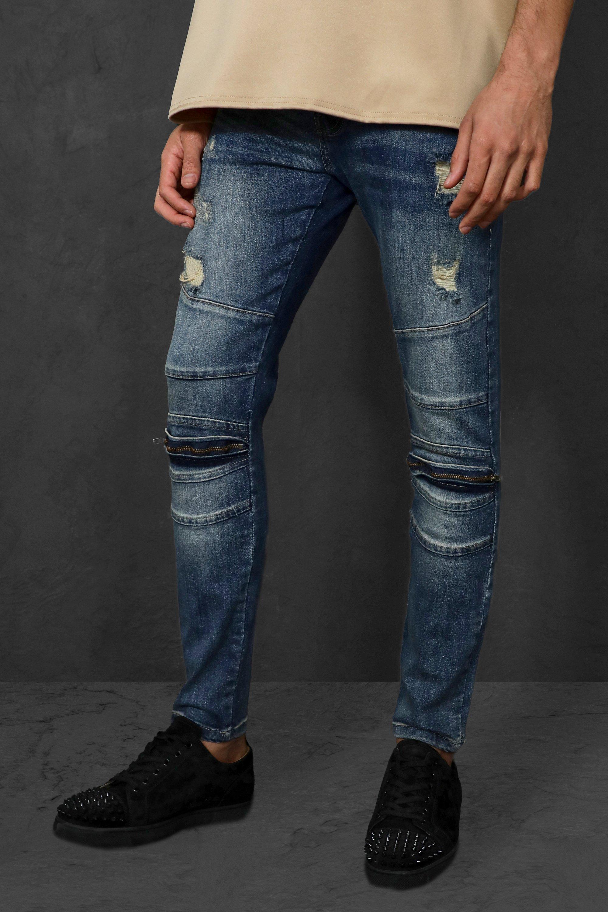 Skinny Stretch Biker Jeans Mit Reissverschluss Boohooman