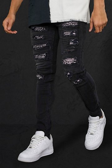 BoohooMAN Denim Tall Stretch Skinny Biker Panelled Jeans in Washed Black Mens Clothing Jeans Skinny jeans for Men Black 