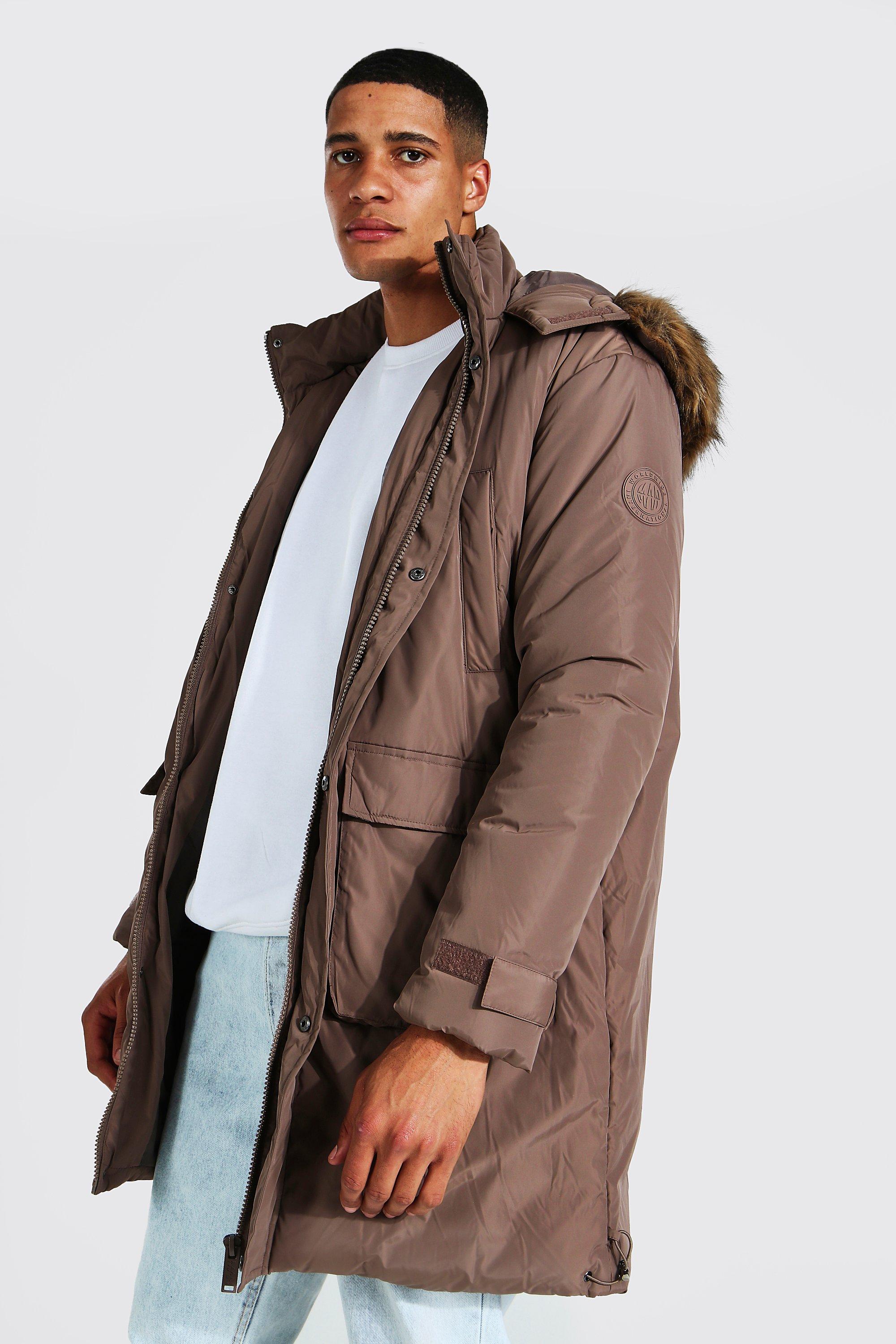 Boohooman parka with on sale faux fur in khaki