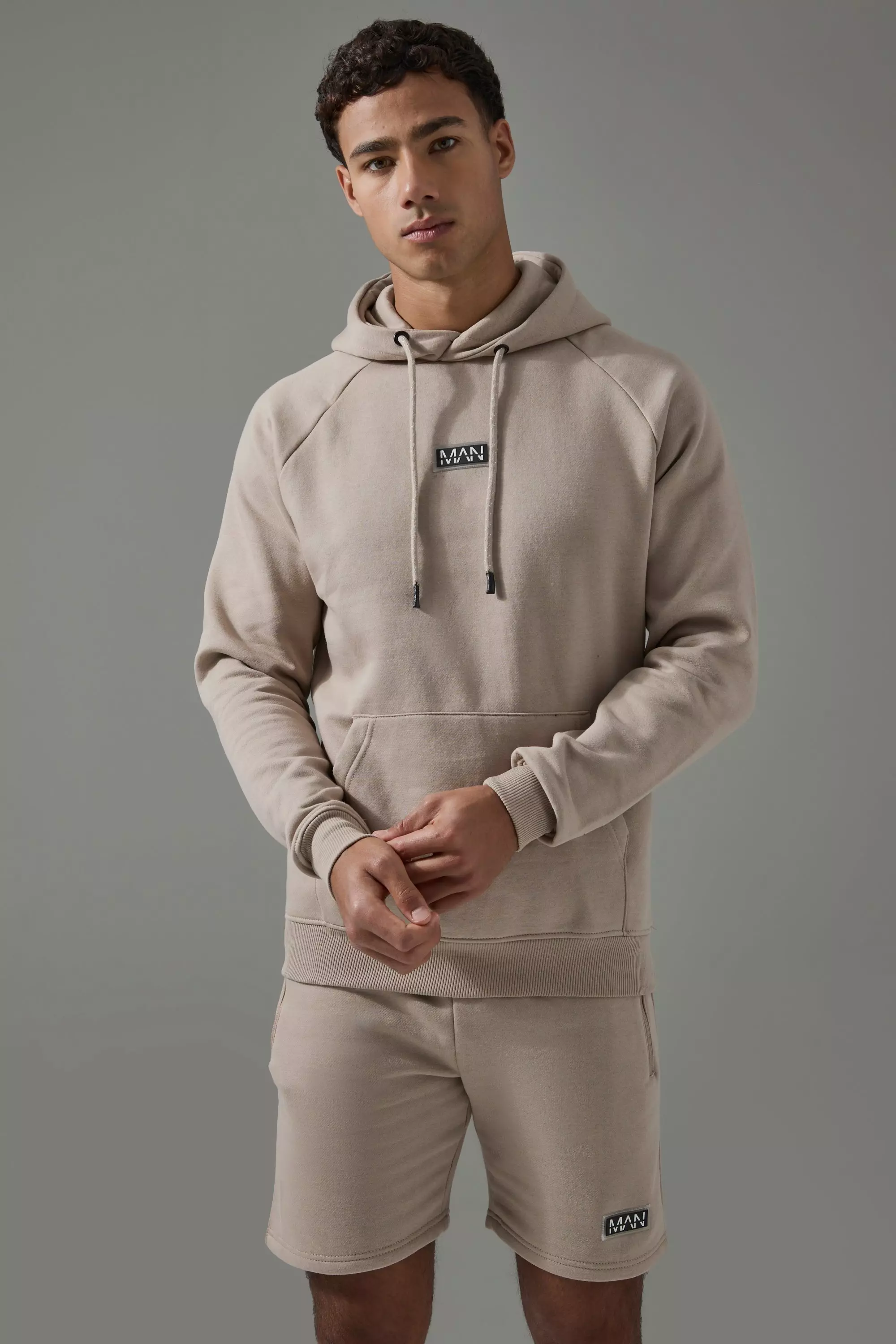 Man Active Gym Training Hoodie & Short Set Taupe