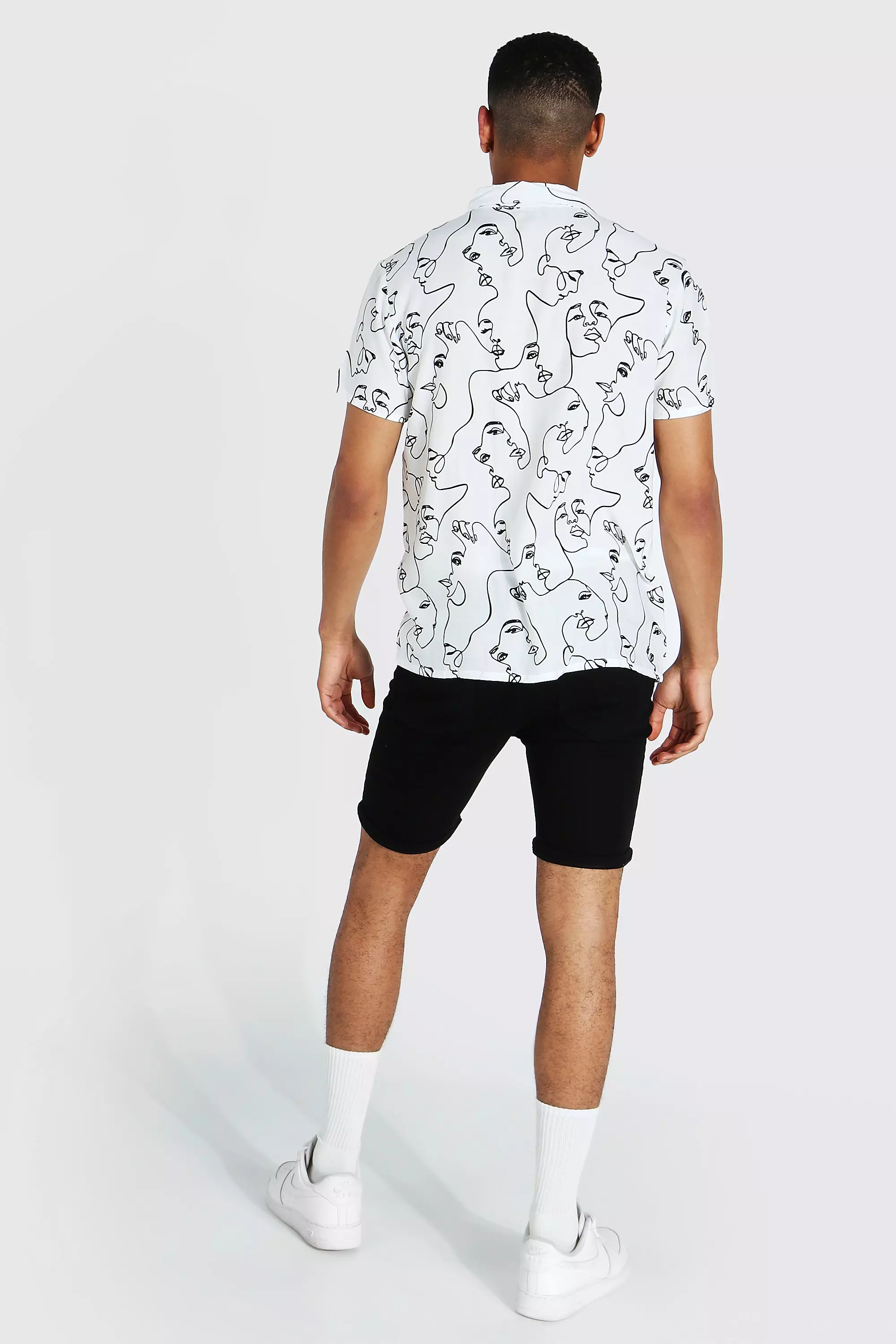 White Short Sleeve Face Print Viscose Revere Shirt alternative image