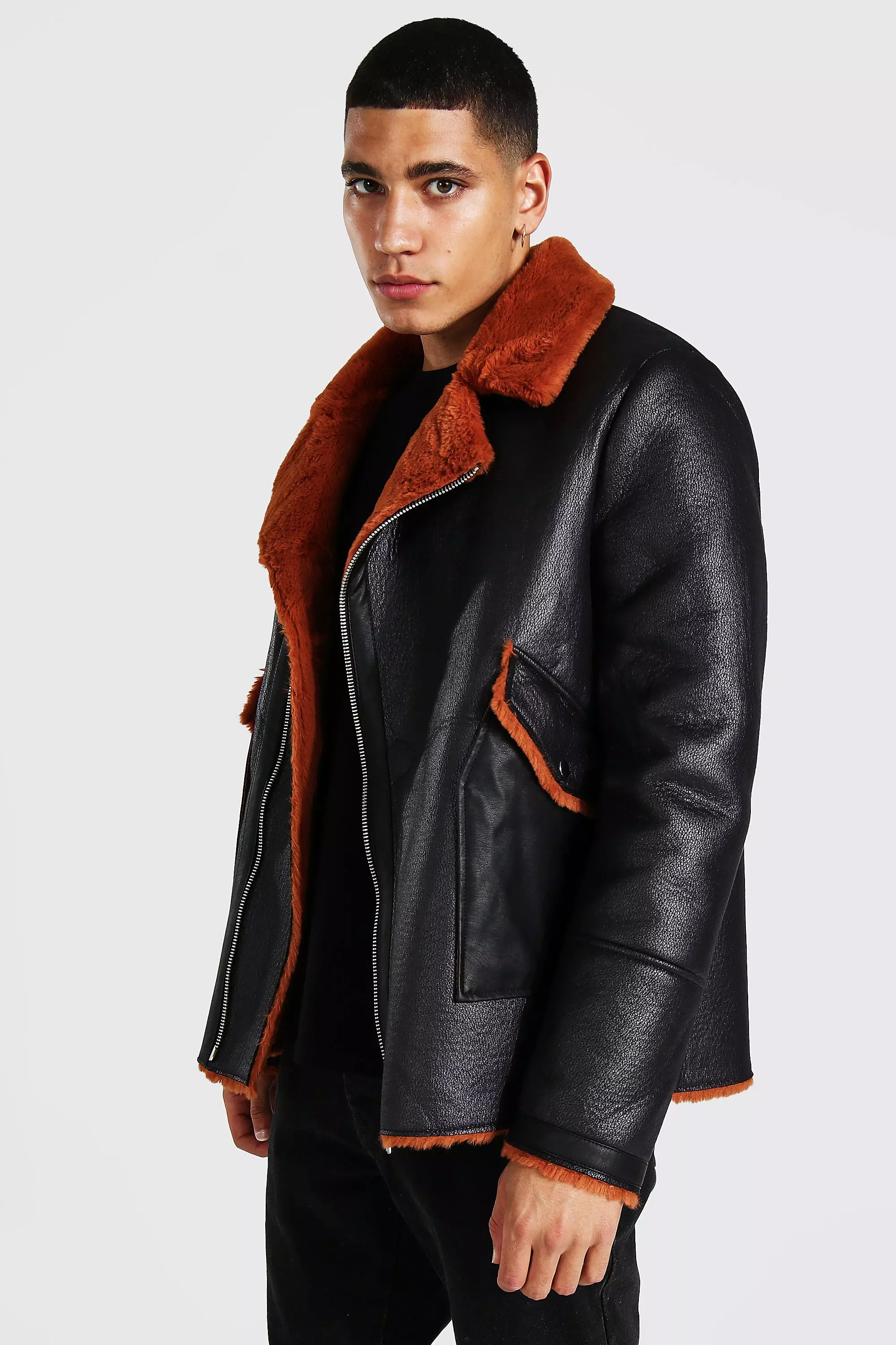 Oversized Leather Look Biker With Faux Fur boohooMAN USA