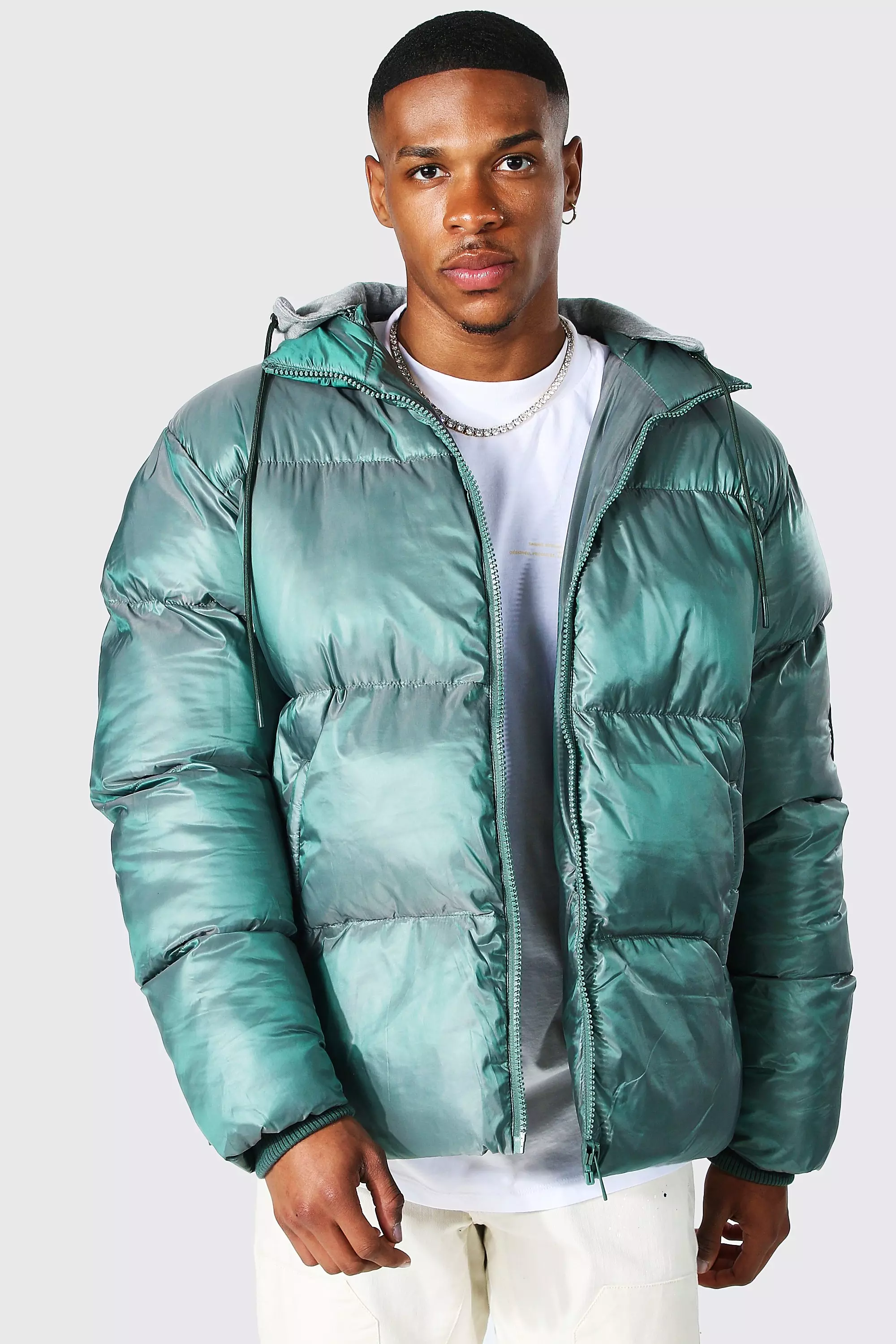 Green Two Tone Puffer With Removable Jersey Hood alternative image
