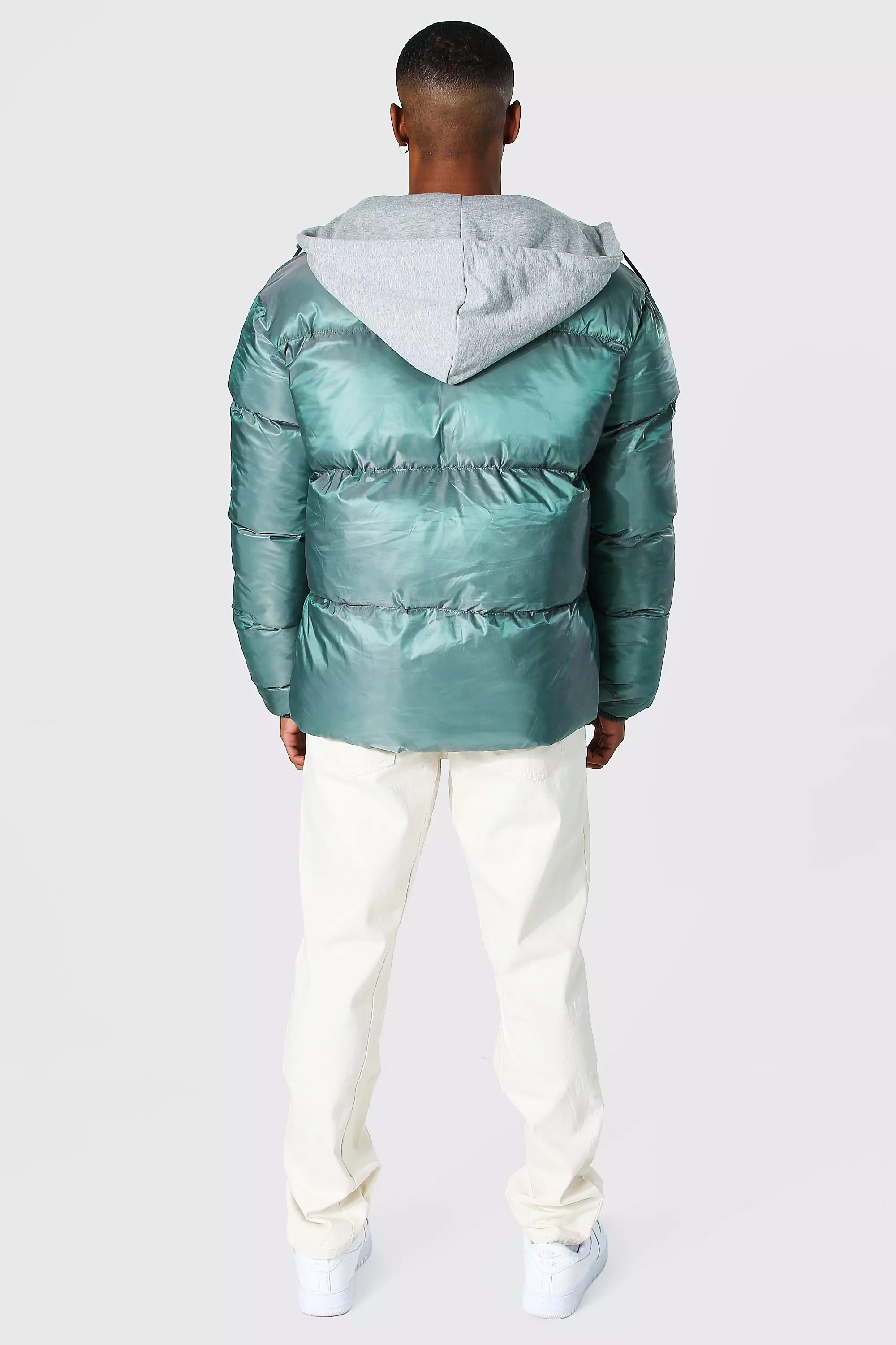 Green Two Tone Puffer With Removable Jersey Hood alternative image