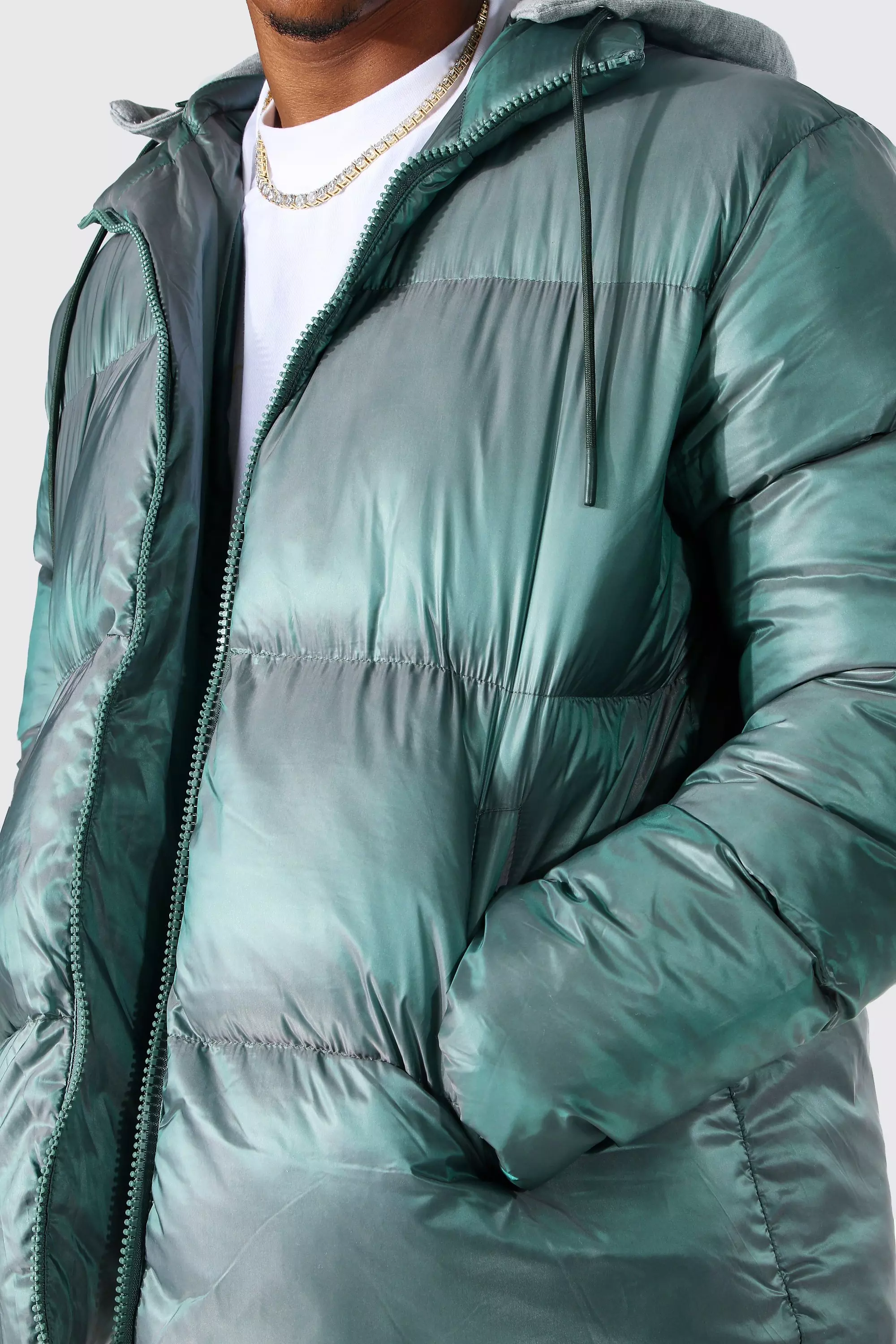 Green Two Tone Puffer With Removable Jersey Hood alternative image