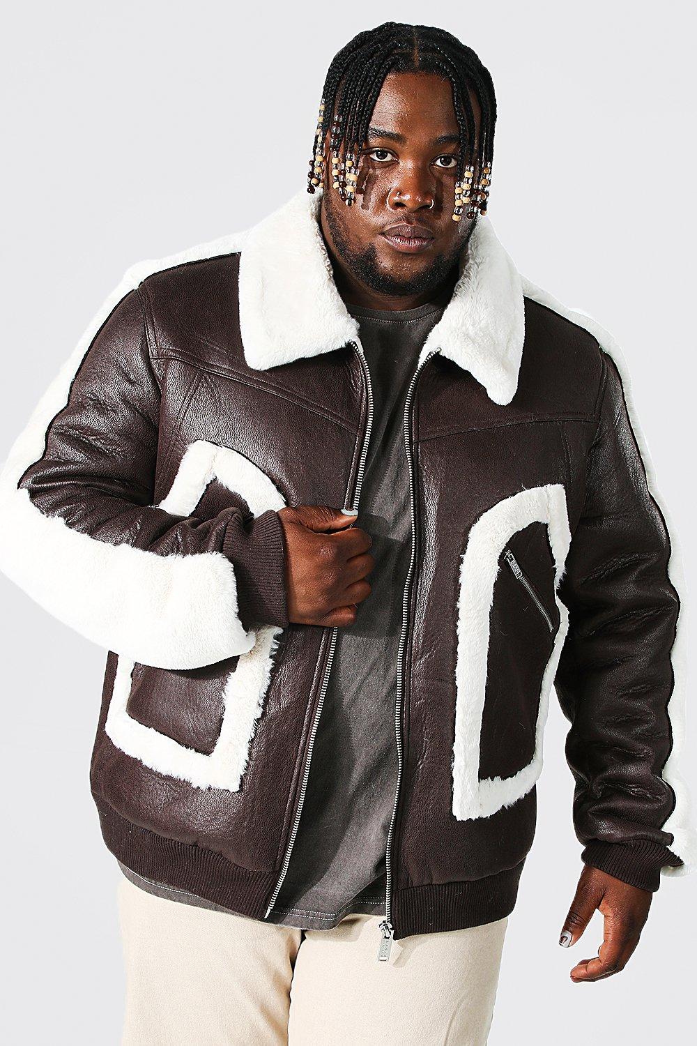 Mens Brown Leather Aviator White Faux Shearling Jacket