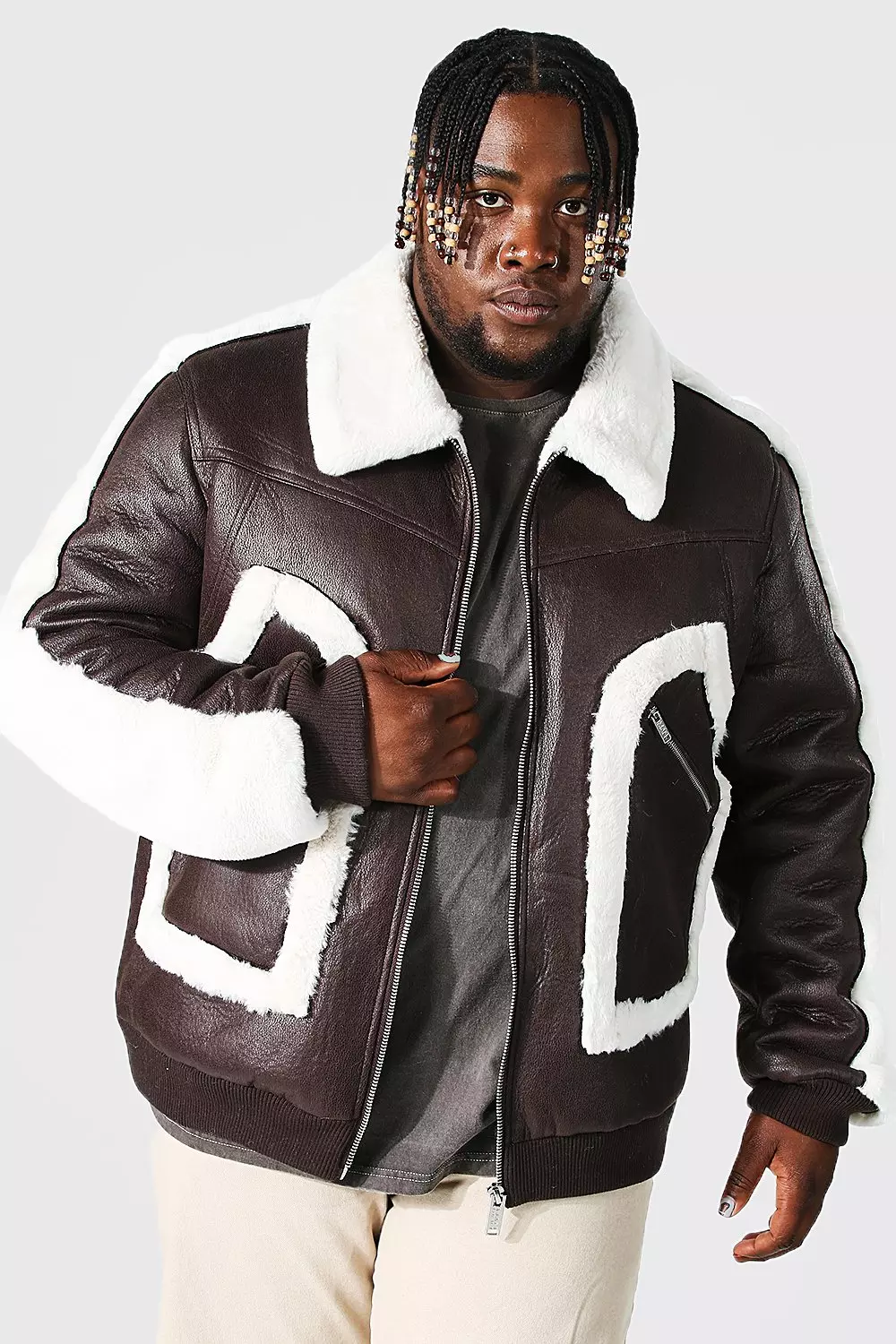 Mens leather jacket with fur trim best sale