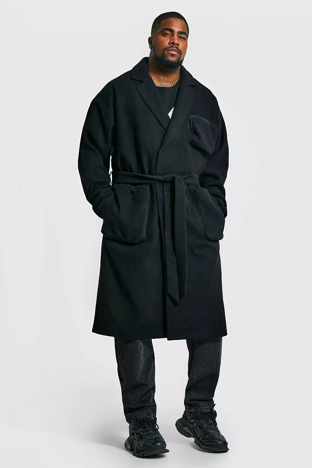 Plus Utility 3d Pocket Overcoat With Belt Black