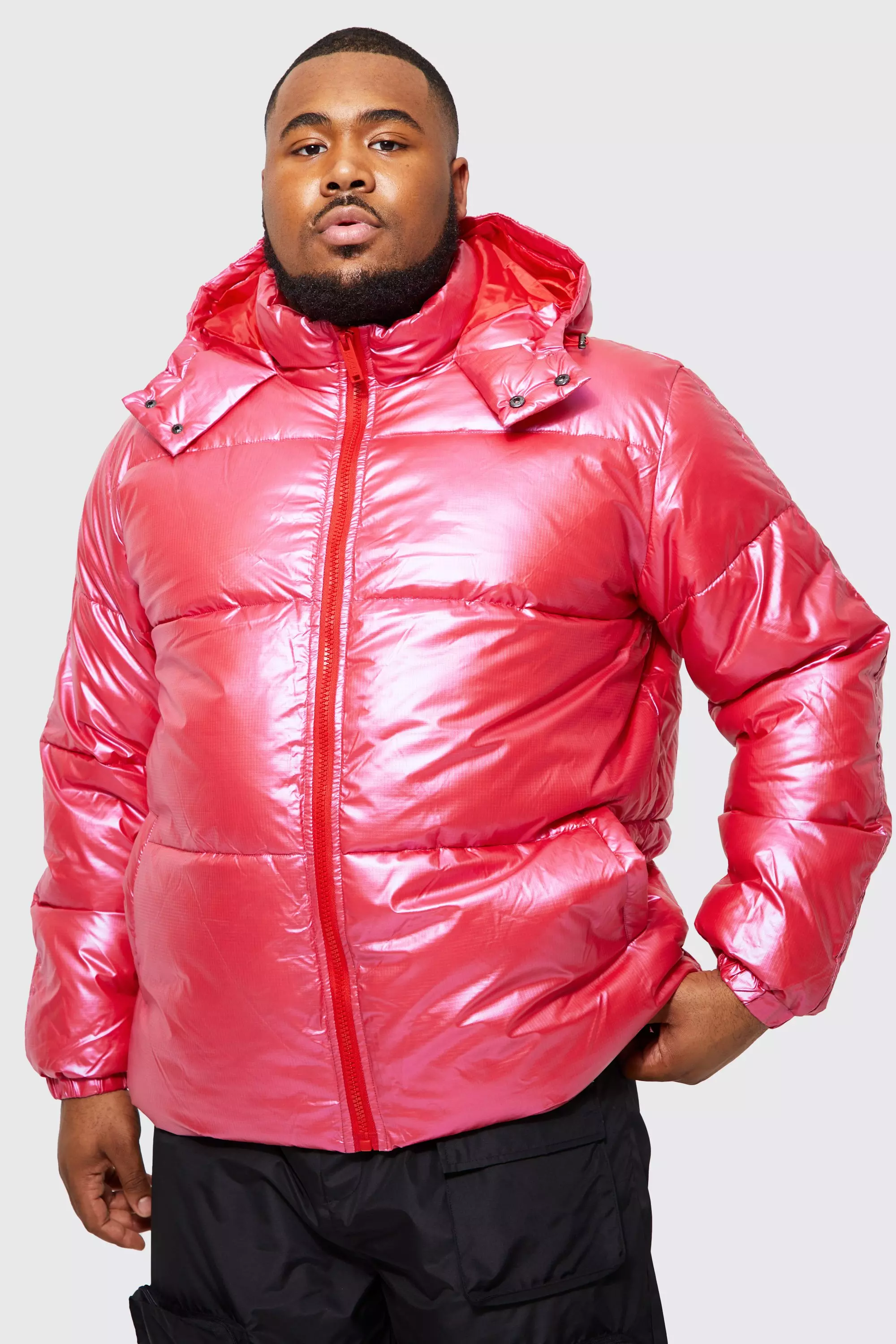 Plus High Shine Ripstop Man Print Tape Puffer Red