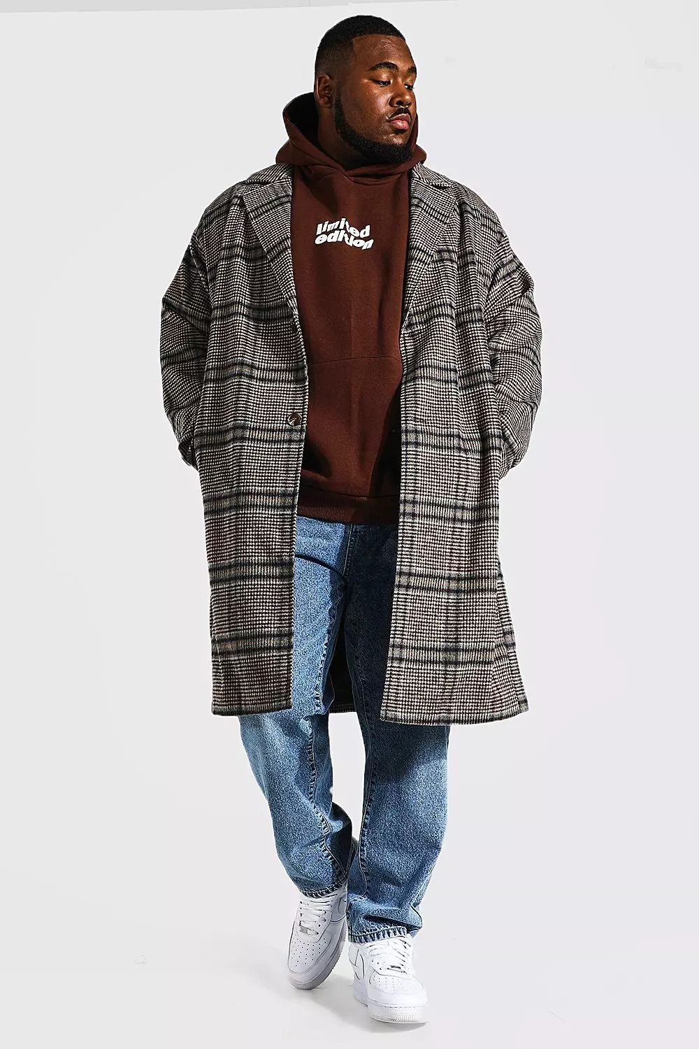 Plus Grid Check Single Breasted Overcoat boohooMAN