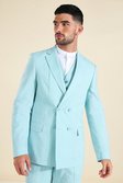 Teal Linen Slim Double Breasted Suit Jacket