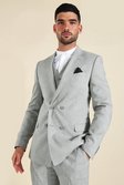 Grey Linen Skinny Double Breasted Suit Jacket