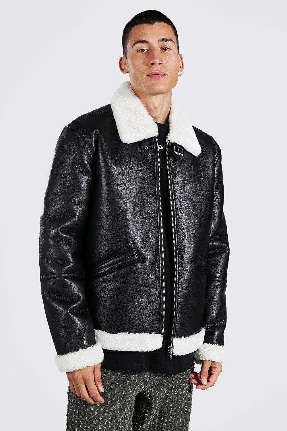 Boohooman aviator jacket with faux fur on sale lining in black