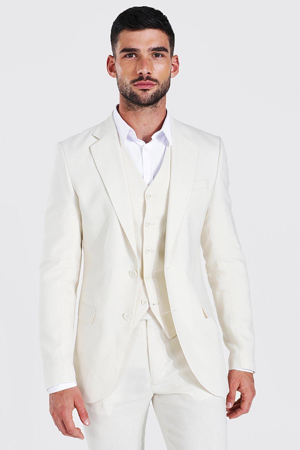 Stone Linen Skinny Single Breast Suit Jacket
