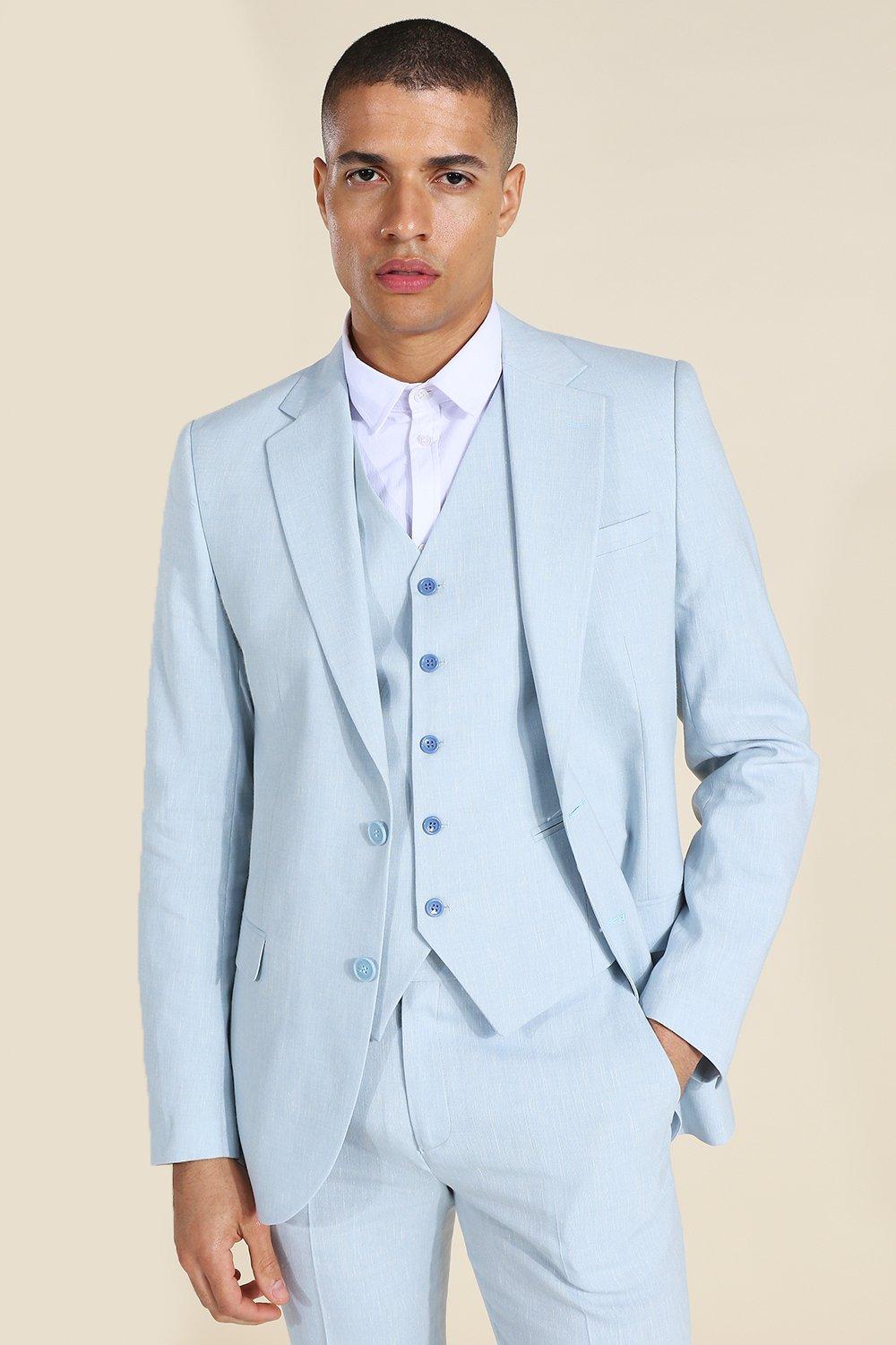 Giacca Completo A Monopetto Skinny Fit In Lino, Blue