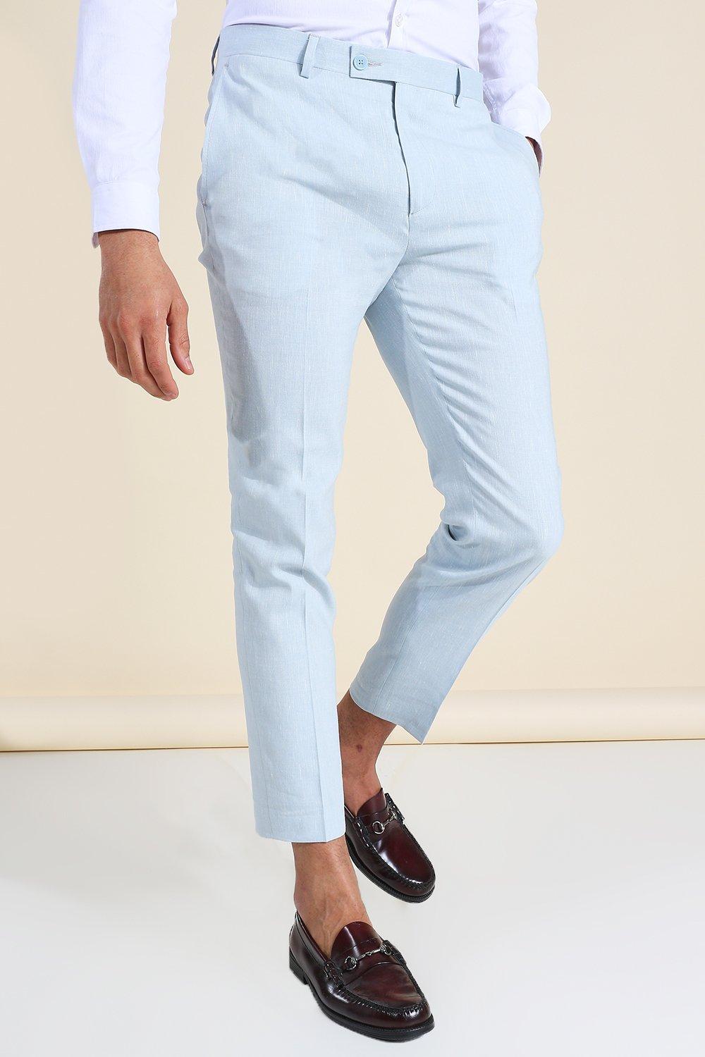 Blue Linen Skinny Crop Suit Trousers