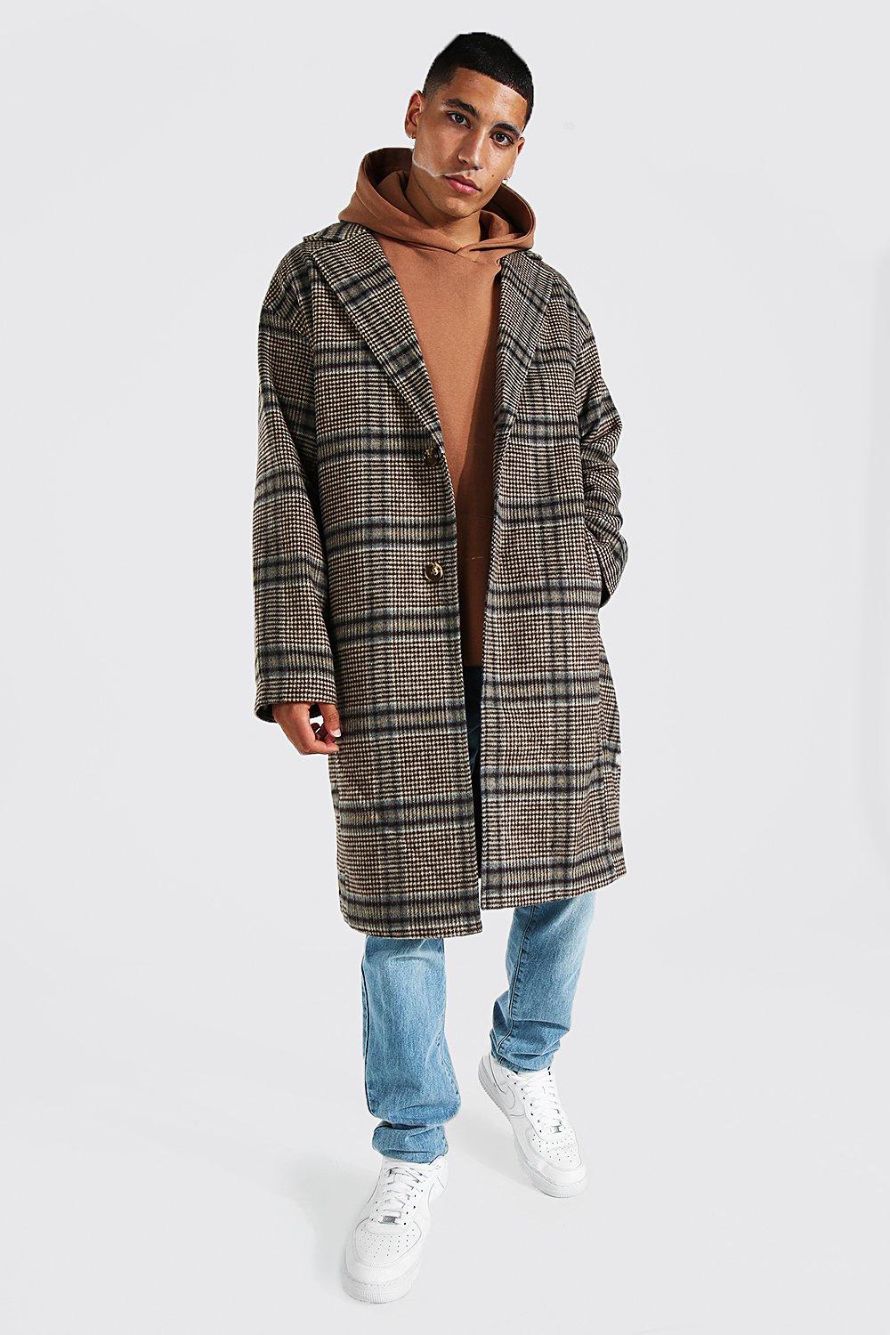 Manteau droit long carreaux boohooMAN FR