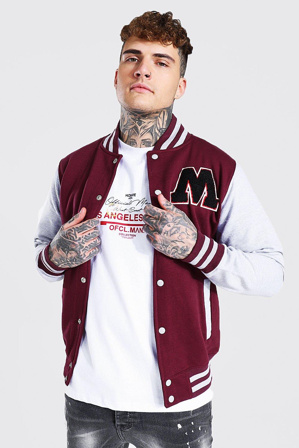 BoohooMAN Plus Red and White Cotton Jersey Bomber Varsity Jacket with  Badges