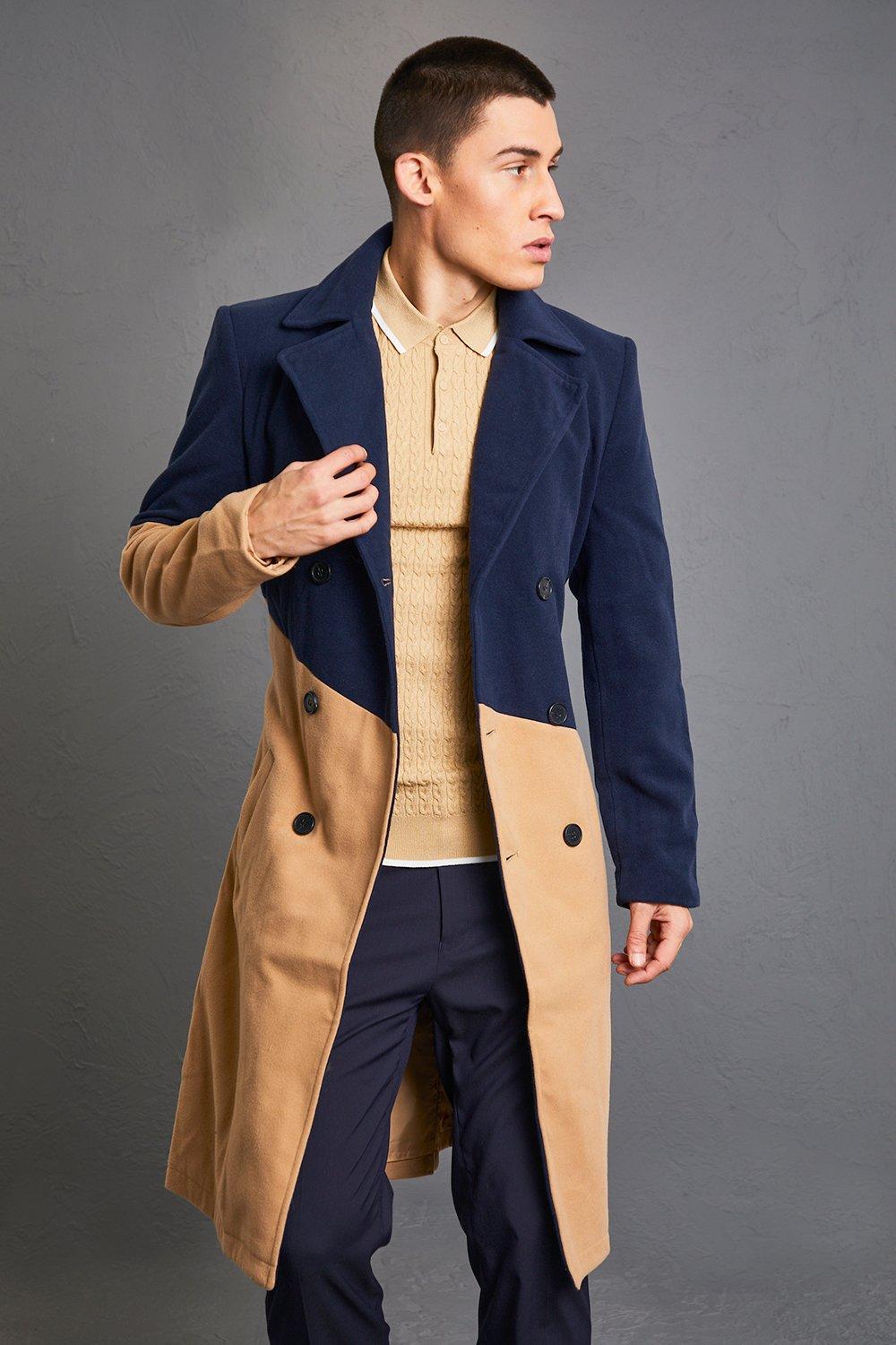 Colour Block Double Breasted Trench Overcoat | boohooMAN USA