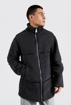 Borg Longline Leather Look Trim Funnel Neck Charcoal