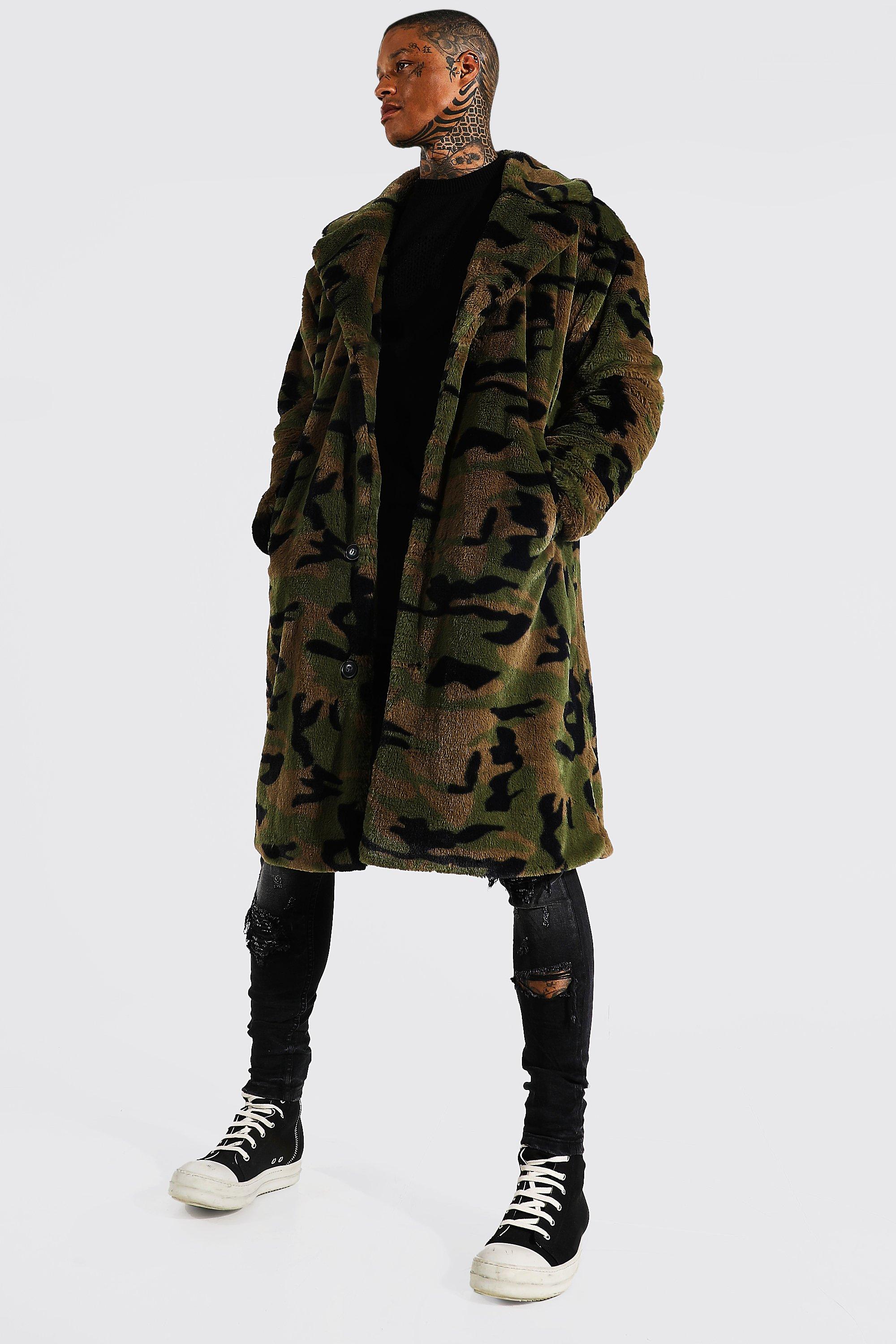 Camo Print Faux Fur Longline Coat boohooMAN USA