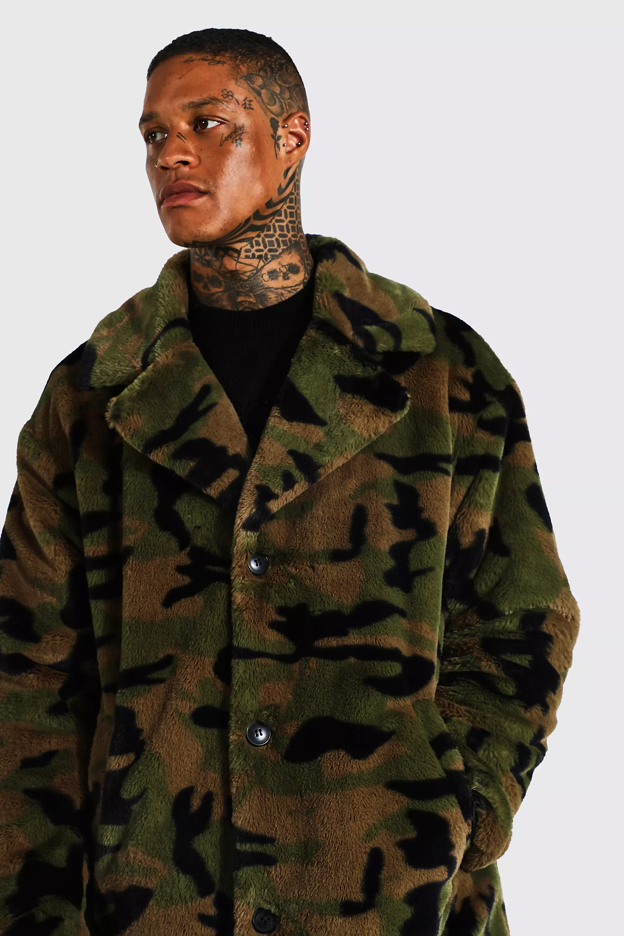 Camo Print Faux Fur Longline Coat boohooMAN IE