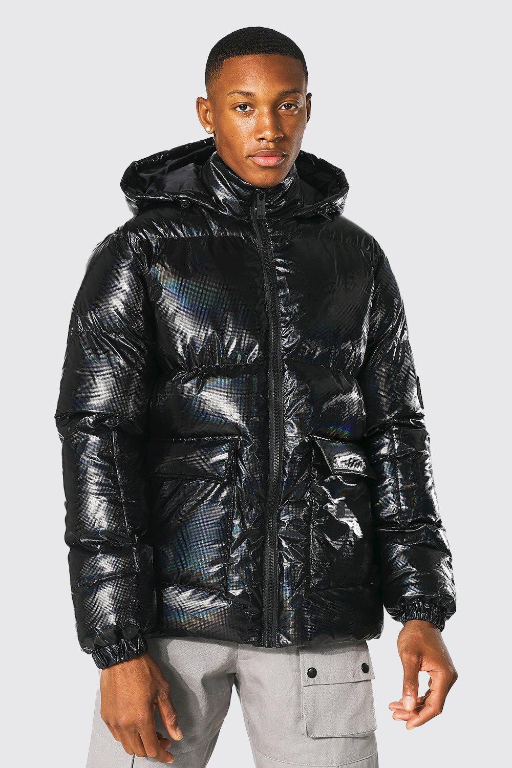 Wet look puffer hot sale jacket mens