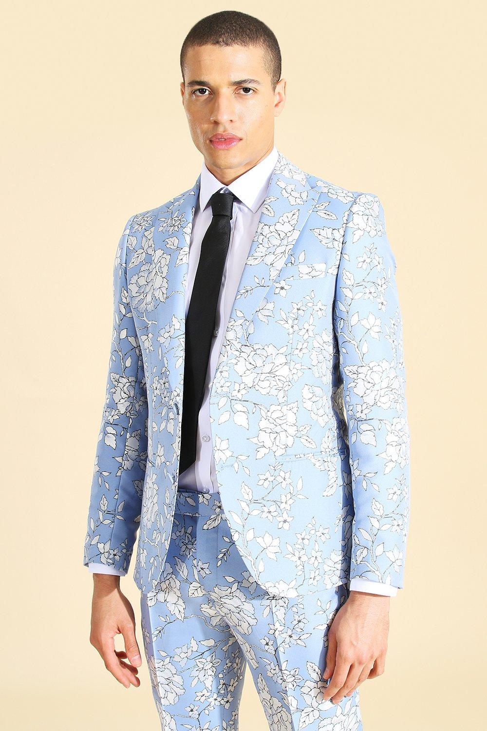 Skinny Blue Floral Jacquard Suit boohooMAN