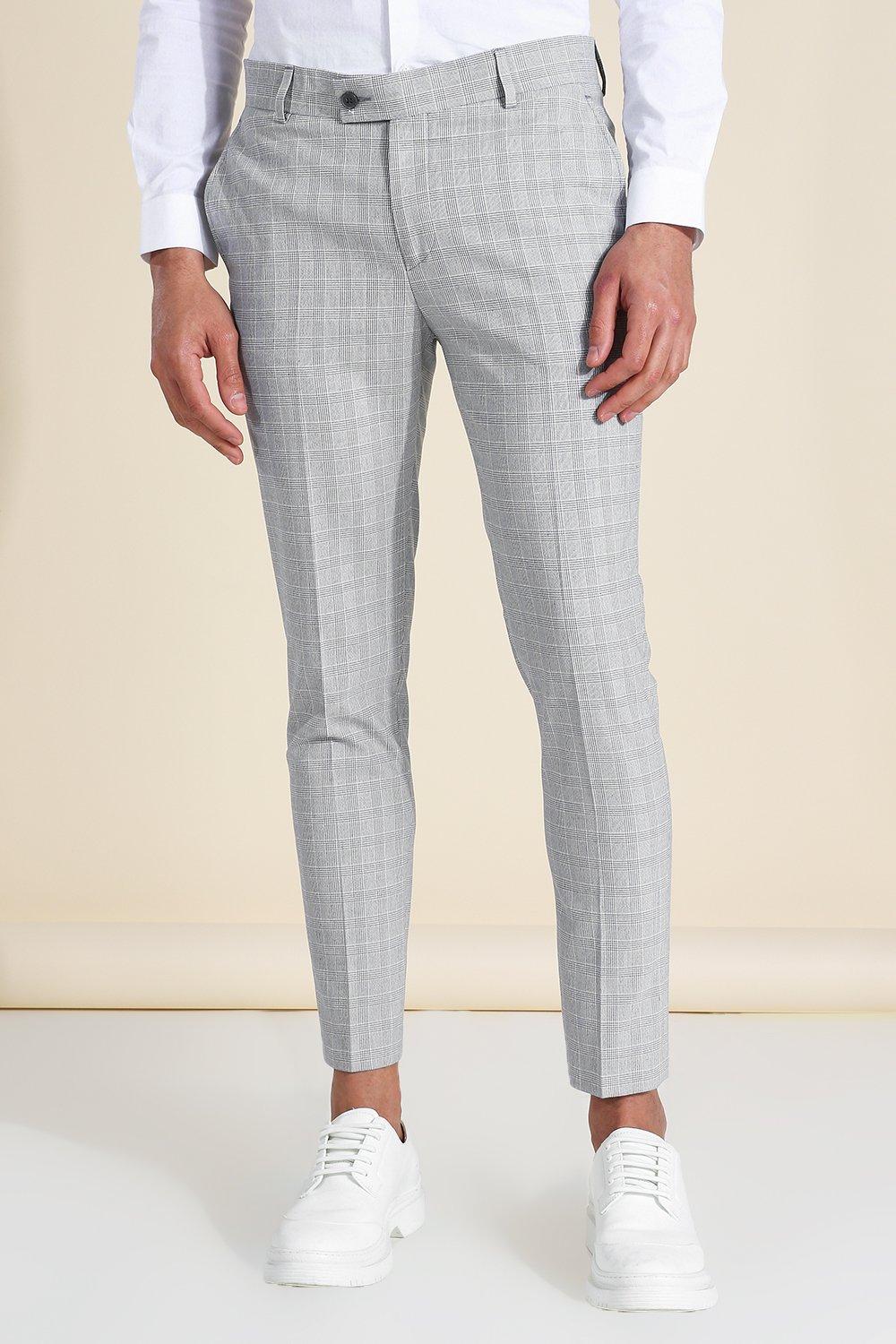 Grey Super Skinny Plaid Suit Pants