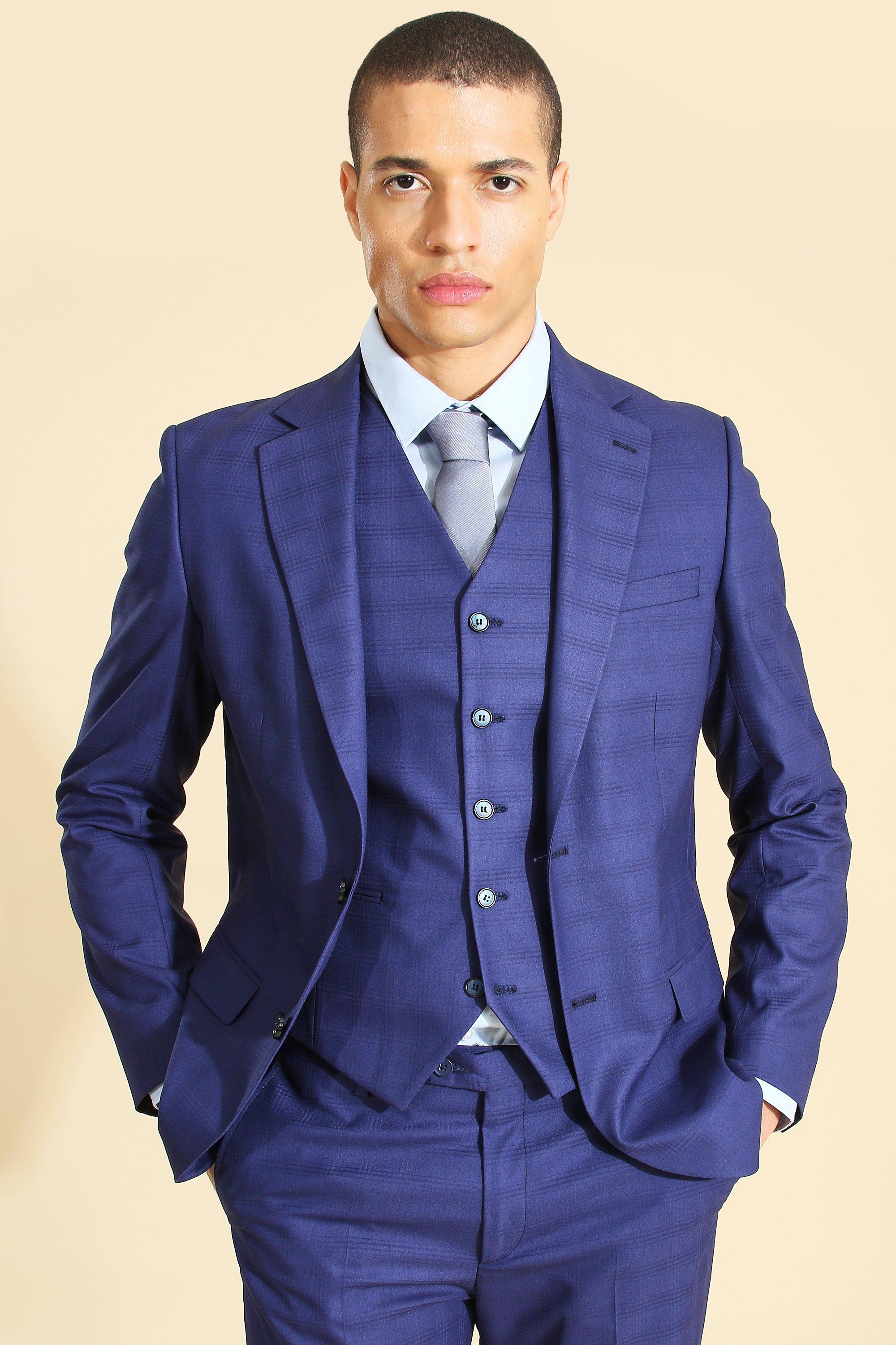 Blue Single Breasted Check Slim Jacket