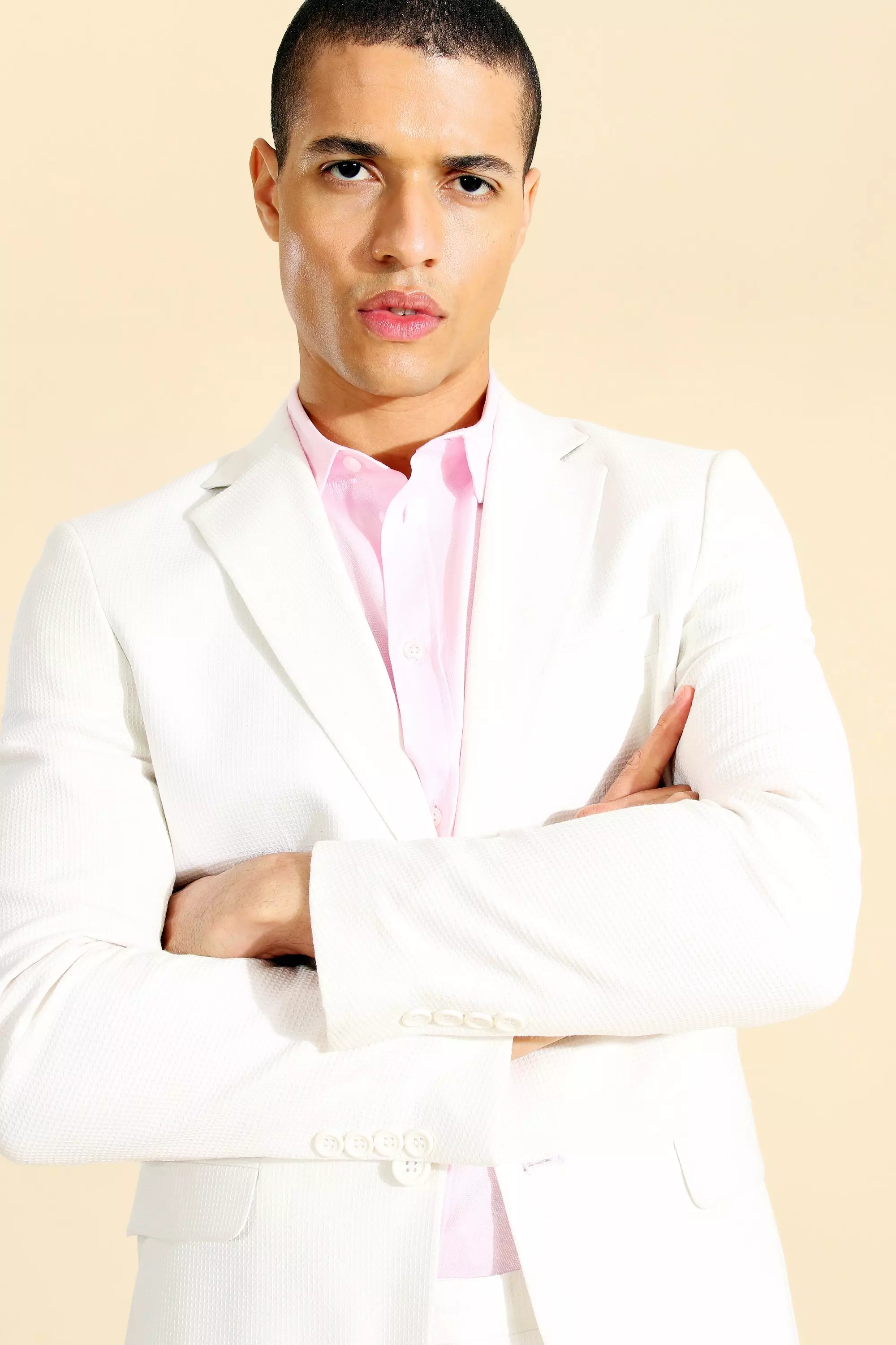 White Single Breasted Skinny Textured Suit Jacket alternative image