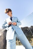 Blue Double Breasted Textured Skinny Suit Jacket