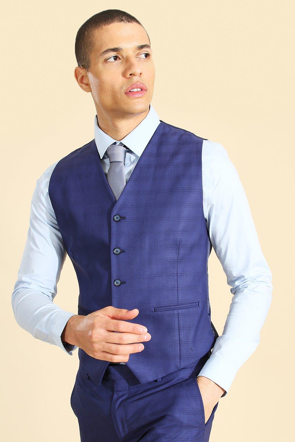 Blue Double Breasted Slim Check Waistcoat