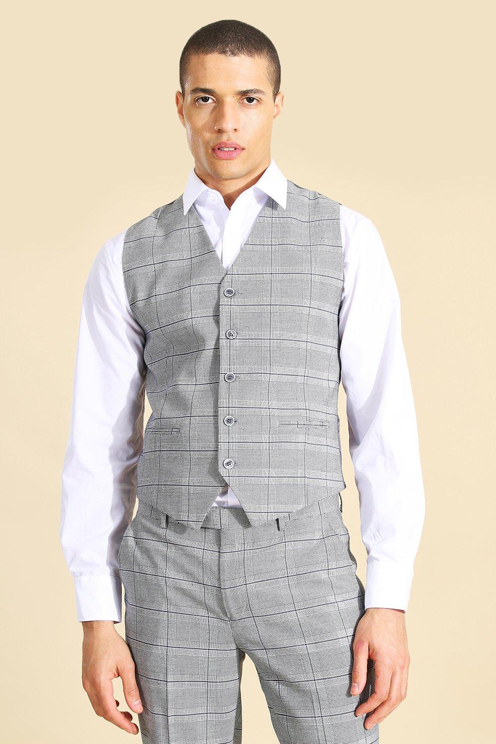 Gilet A Doppiopetto Slim Fit A Quadri Curvi, Grey