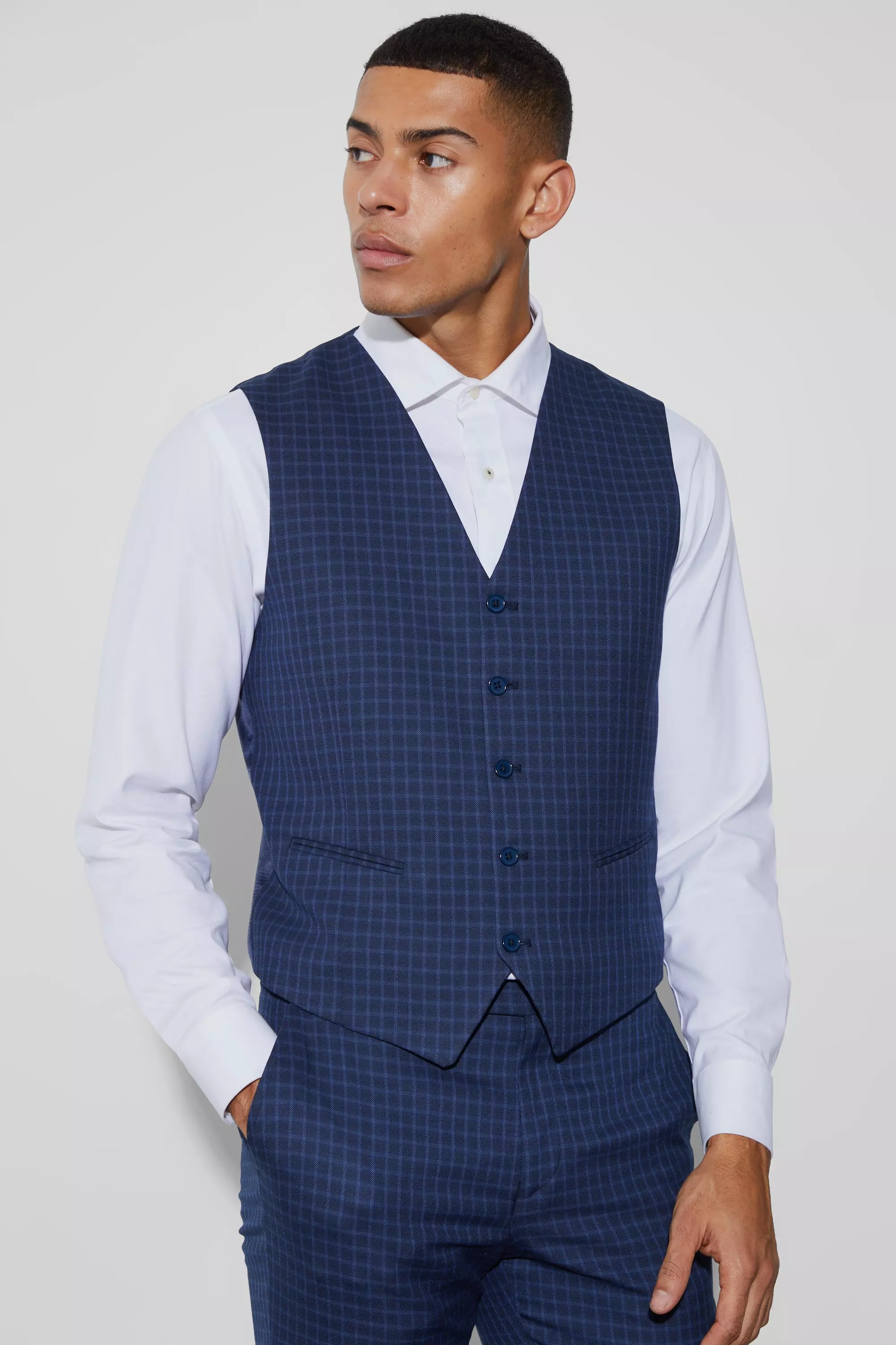 Slim Check Breasted Vest Navy