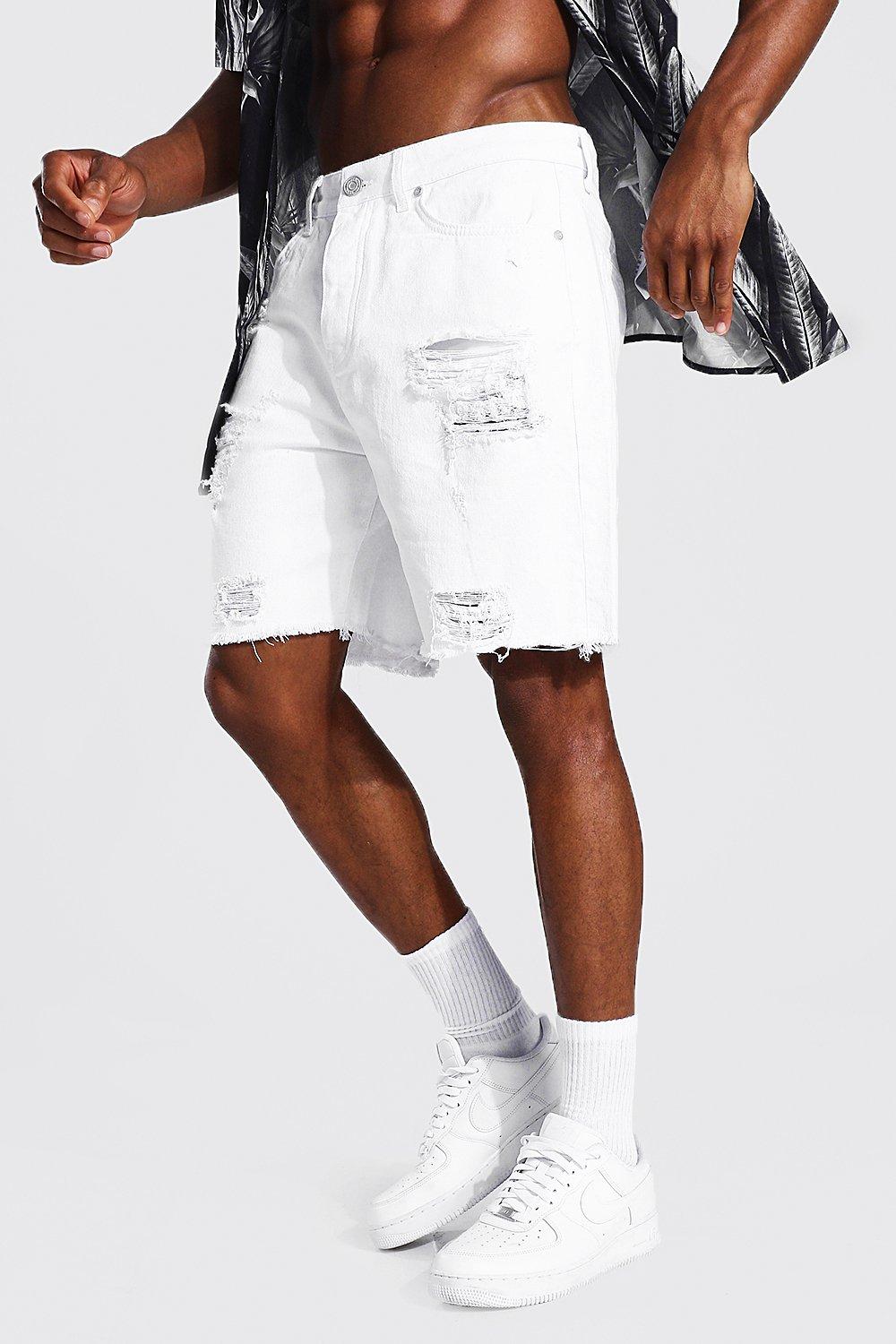 Mens white ripped hot sale denim shorts