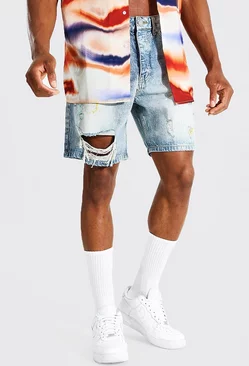 Blue Relaxed Fit Paint Splatter Jean Shorts