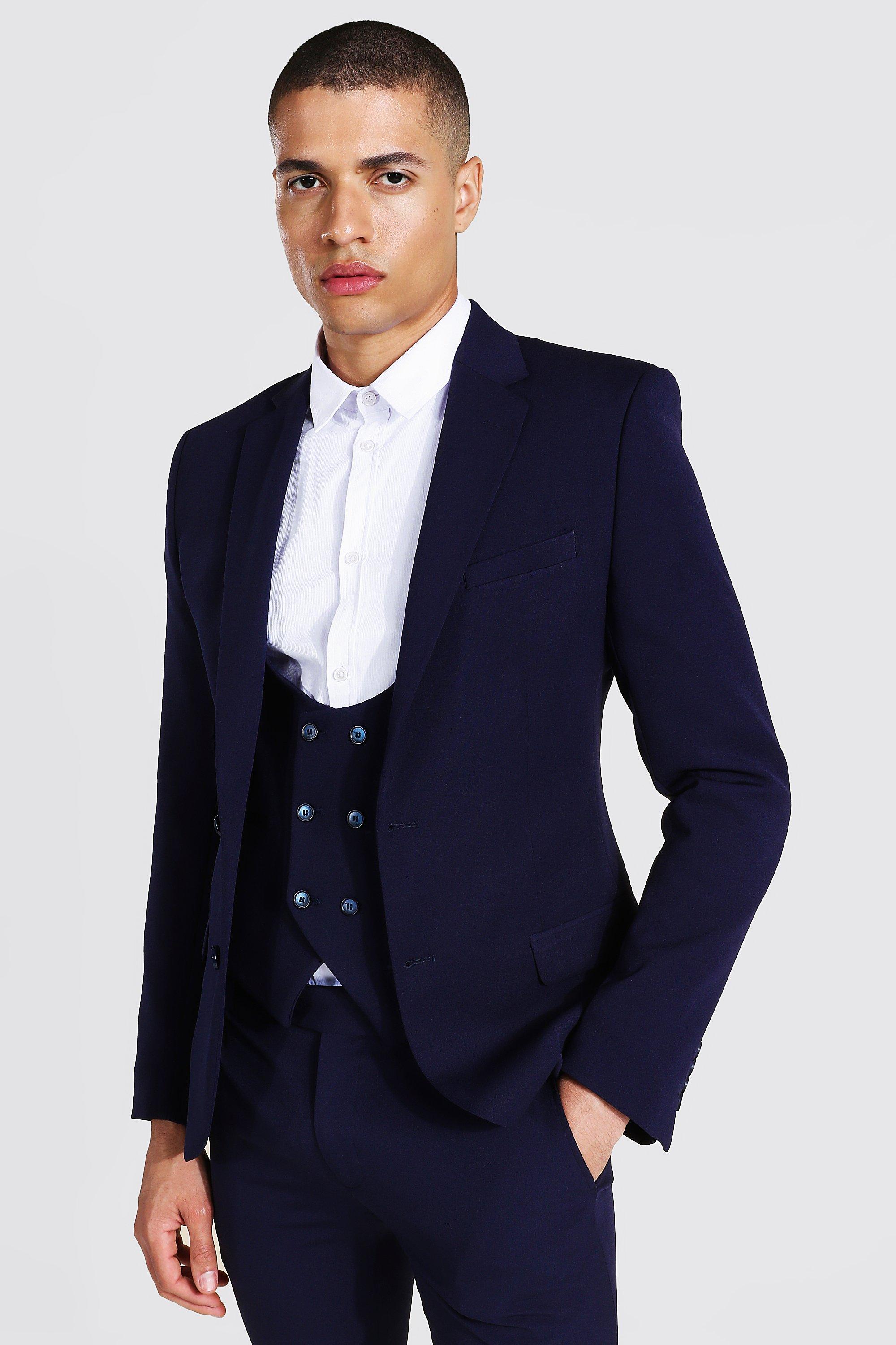 boohooMAN Mens Skinny Navy Pinstripe Double Breasted Jacket - Big & Tall