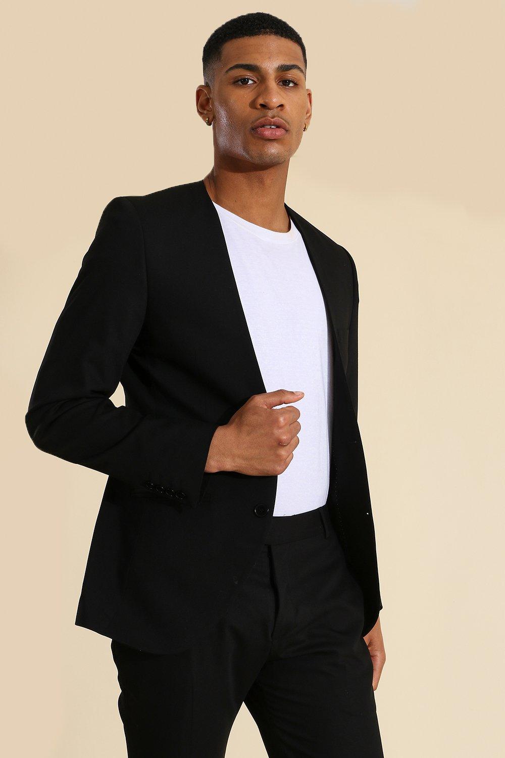 Skinny Black Collarless Suit | boohooMAN