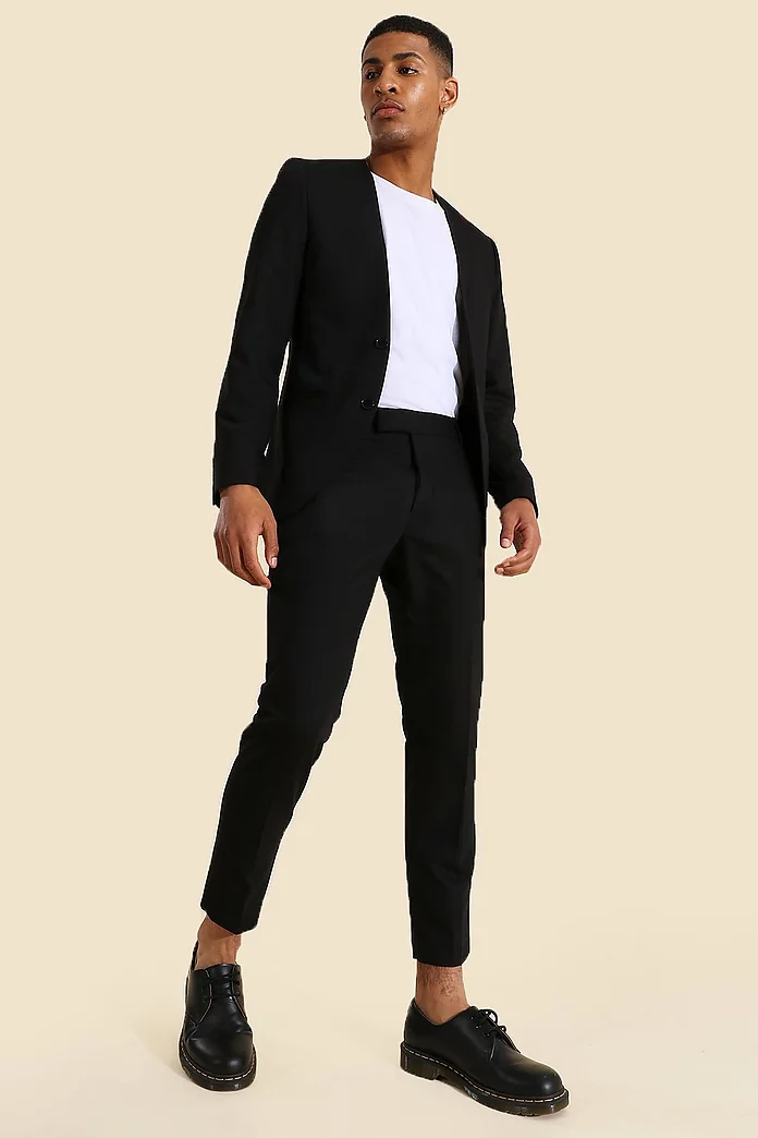 Skinny Collarless Suit Jacket | boohooMAN USA Skinny Collarless Suit Jacket | boohooMAN USA
