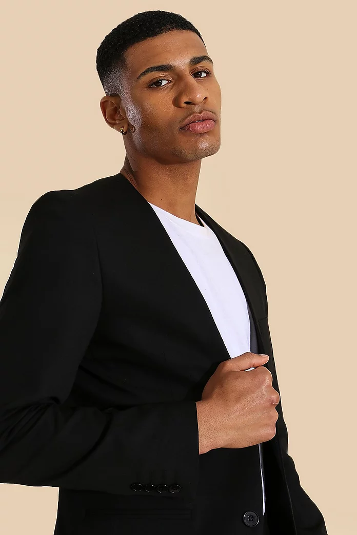 Skinny Collarless Suit Jacket | boohooMAN USA Skinny Collarless Suit Jacket | boohooMAN USA