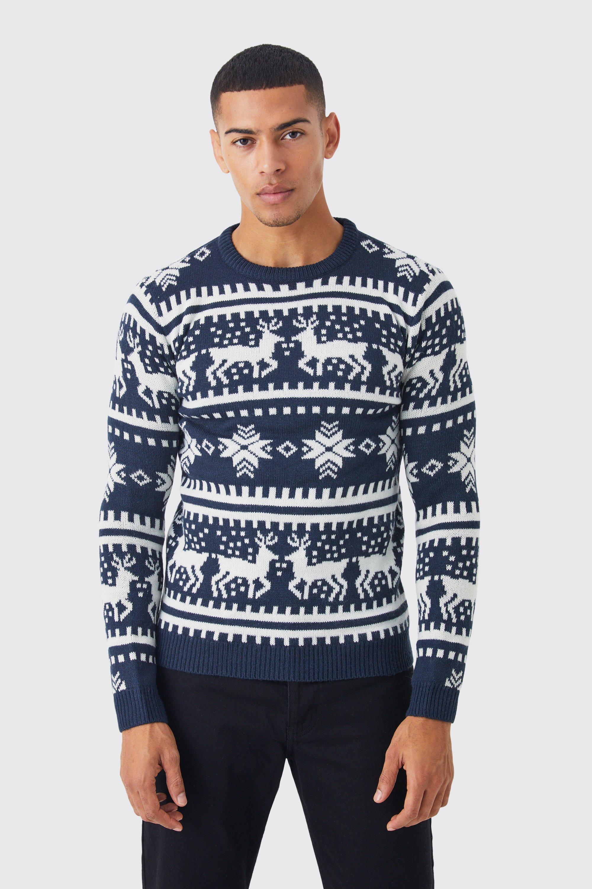 boohooMAN Mens Reindeer Fair Isle Christmas Sweater - Navy - Big & Tall