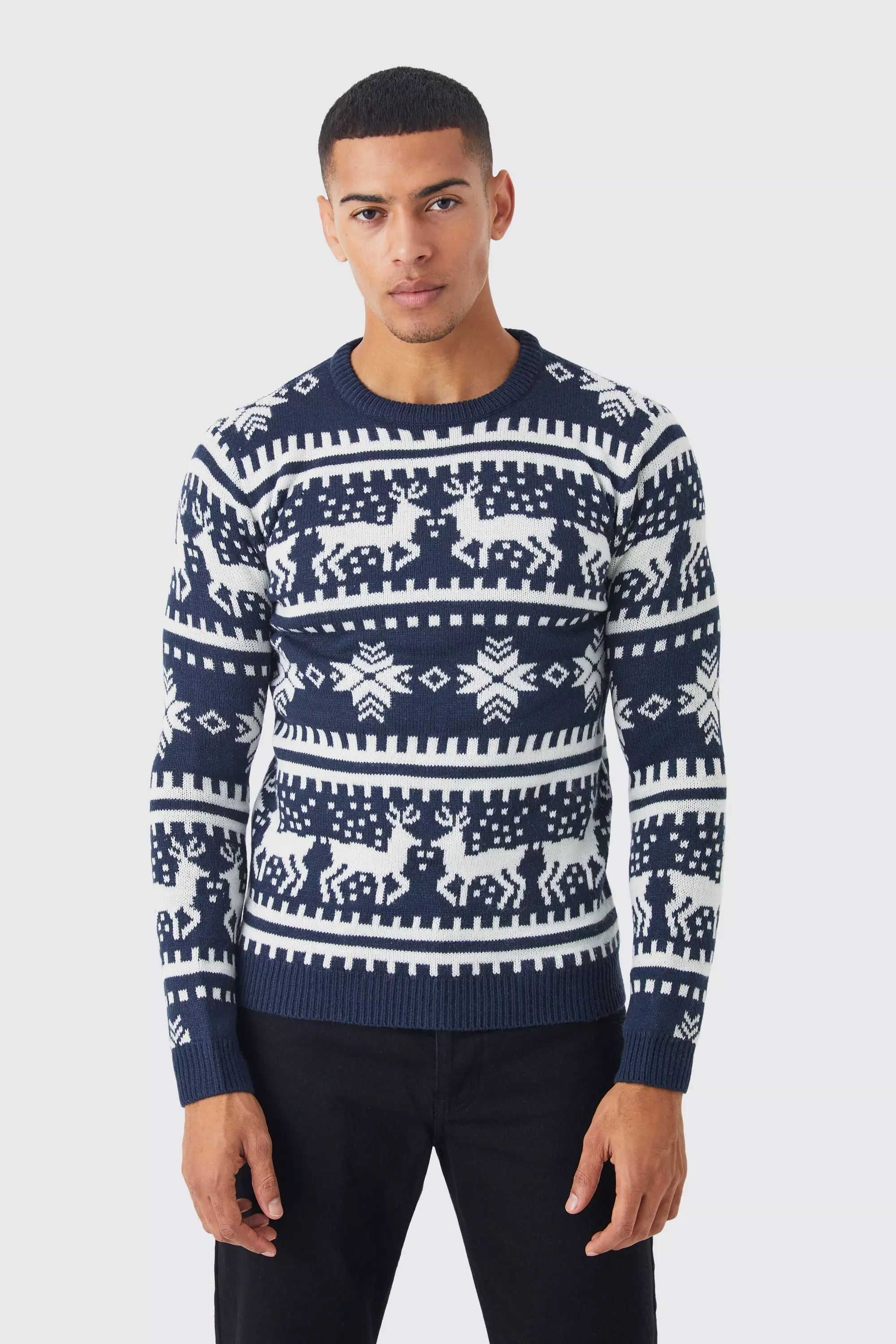 Reindeer Fair Isle Christmas Sweater Navy