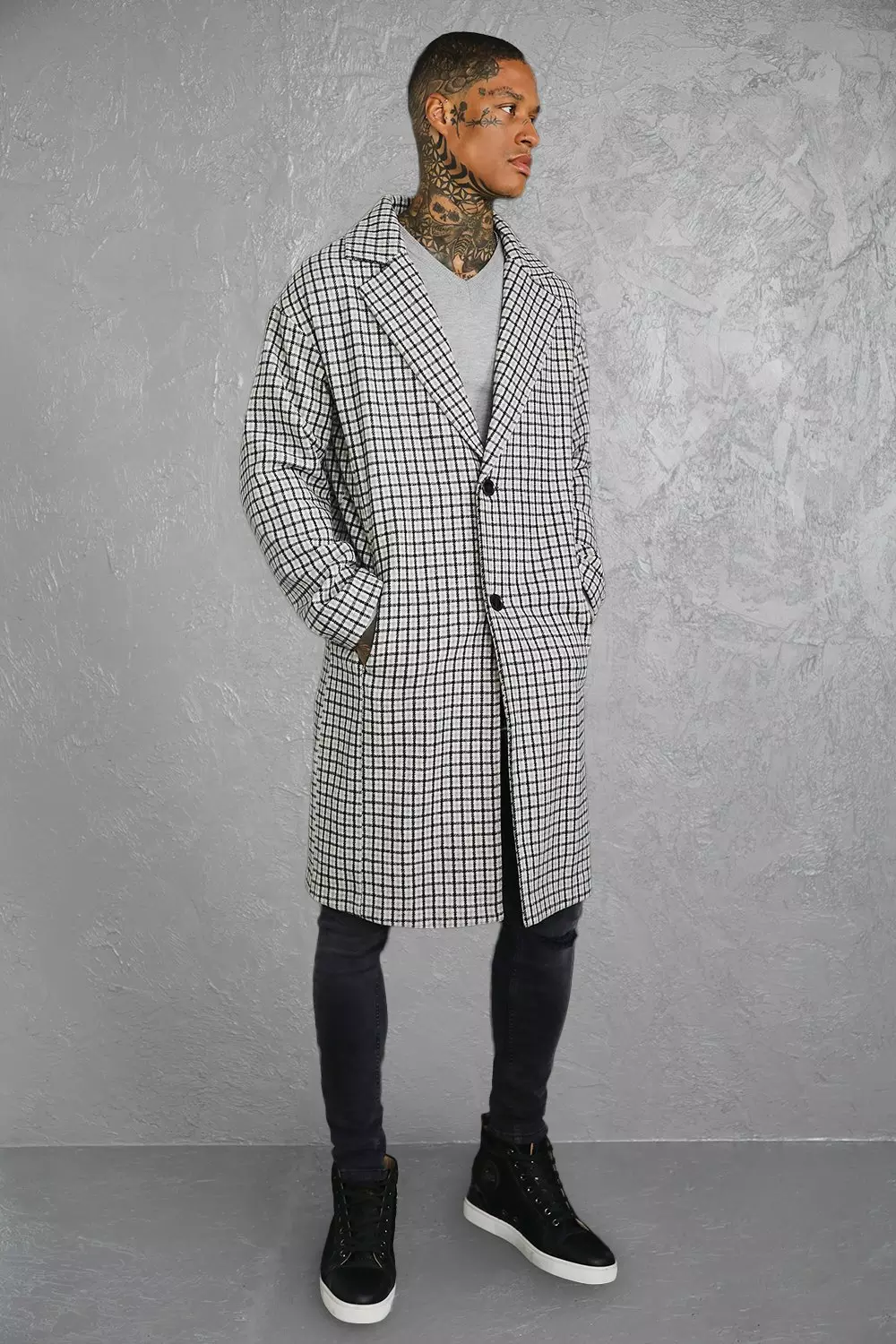 Mini Grid Check Single Breasted Overcoat boohooMAN
