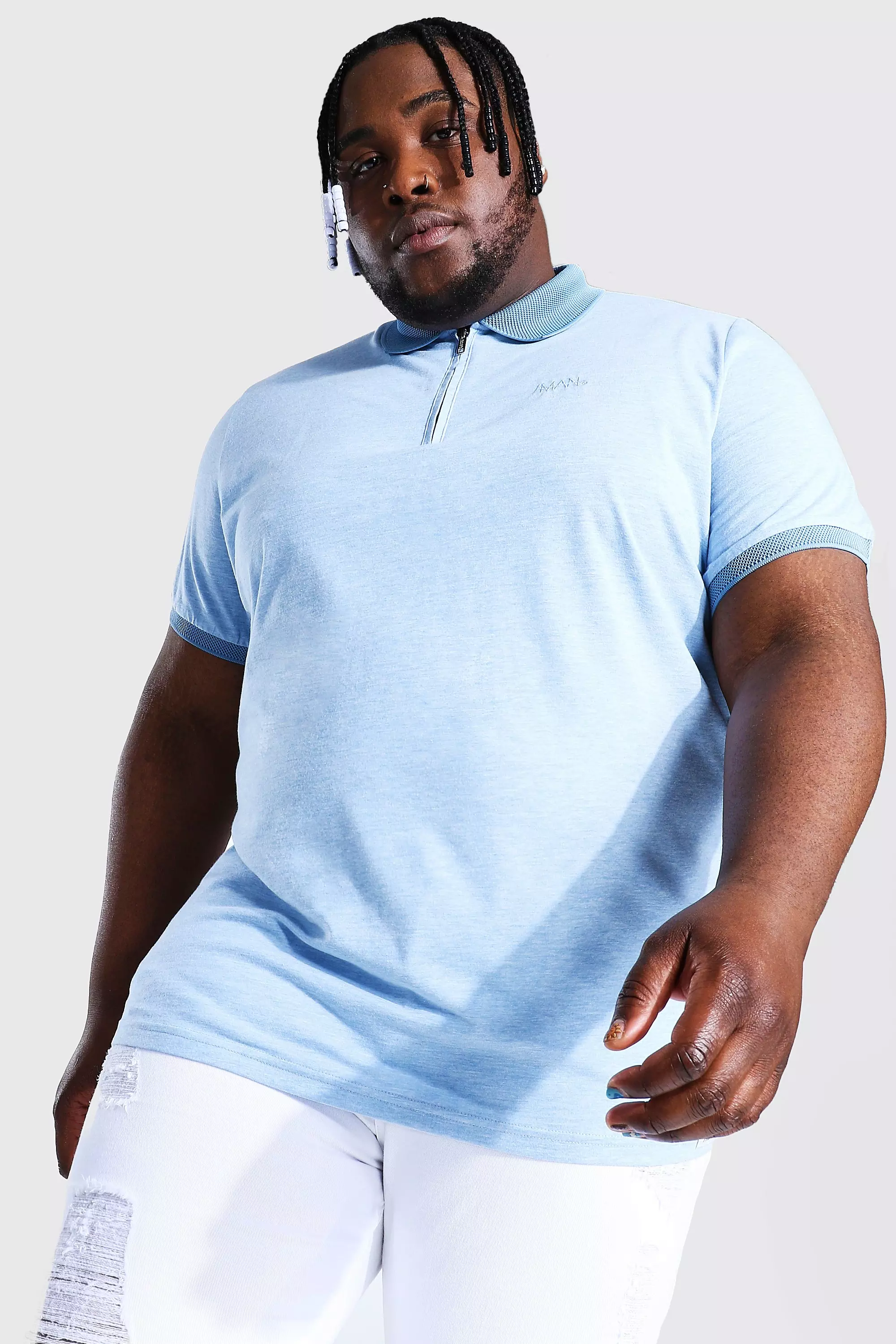 Plus Size Tonal Man 1/4 Zip Jersey Polo Light blue