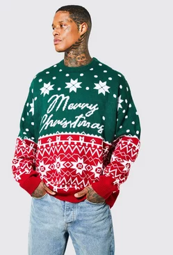 Oversized Merry Christmas Fair Isle Sweater Green