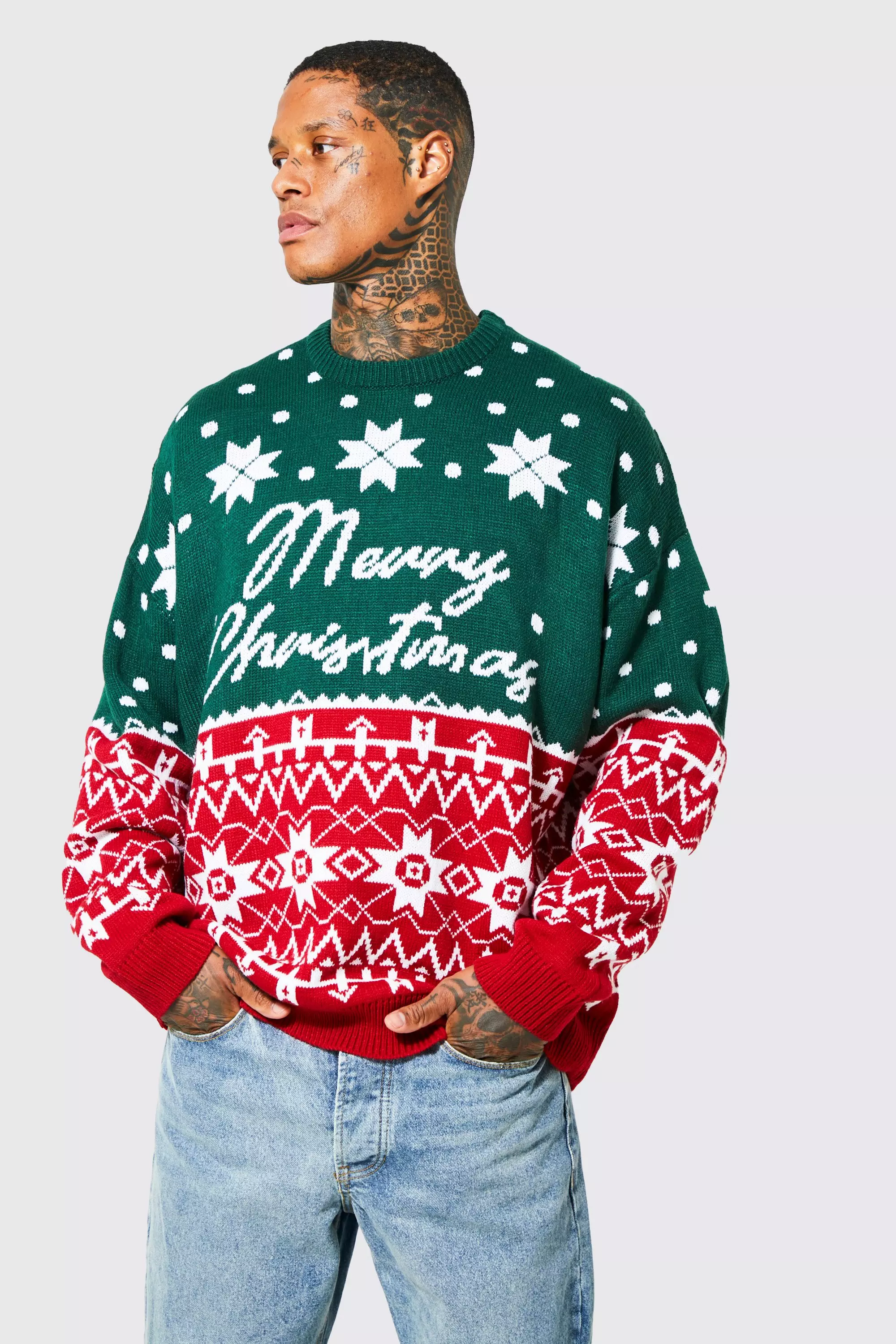 Green Oversized Merry Christmas Fair Isle Sweater