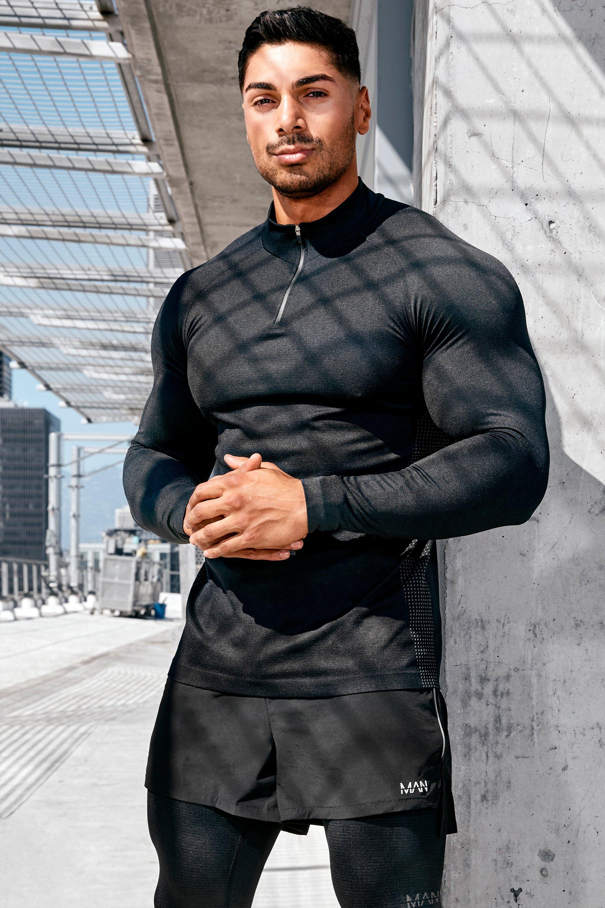 Bevæger sig opladning Sved Man Muscle Fit Gym Seamless Graphic 1/4 Zip Top | boohooMAN USA