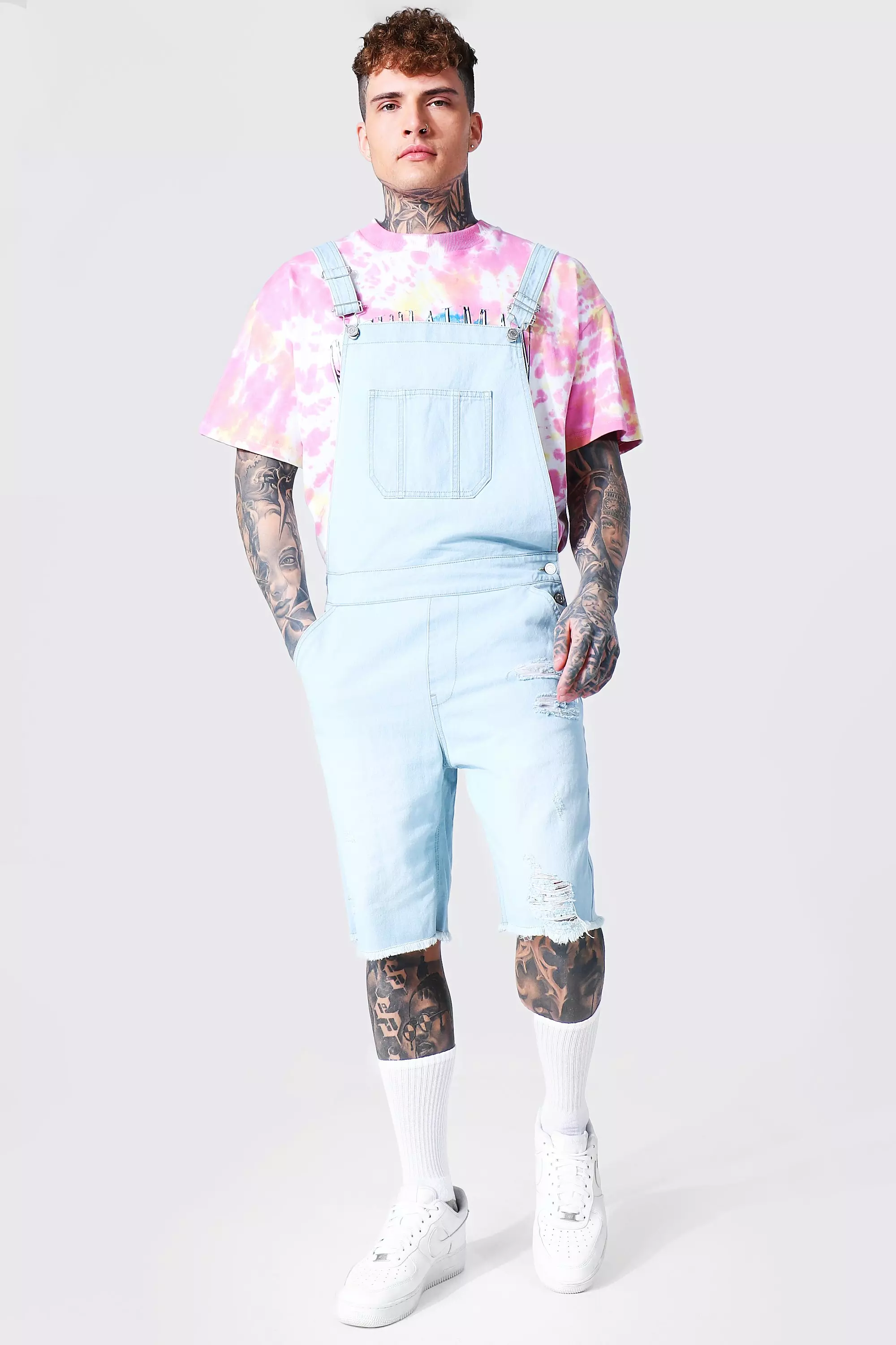 Ice blue Relaxed Fit Short Dungaree With Frayed Hem alternative image