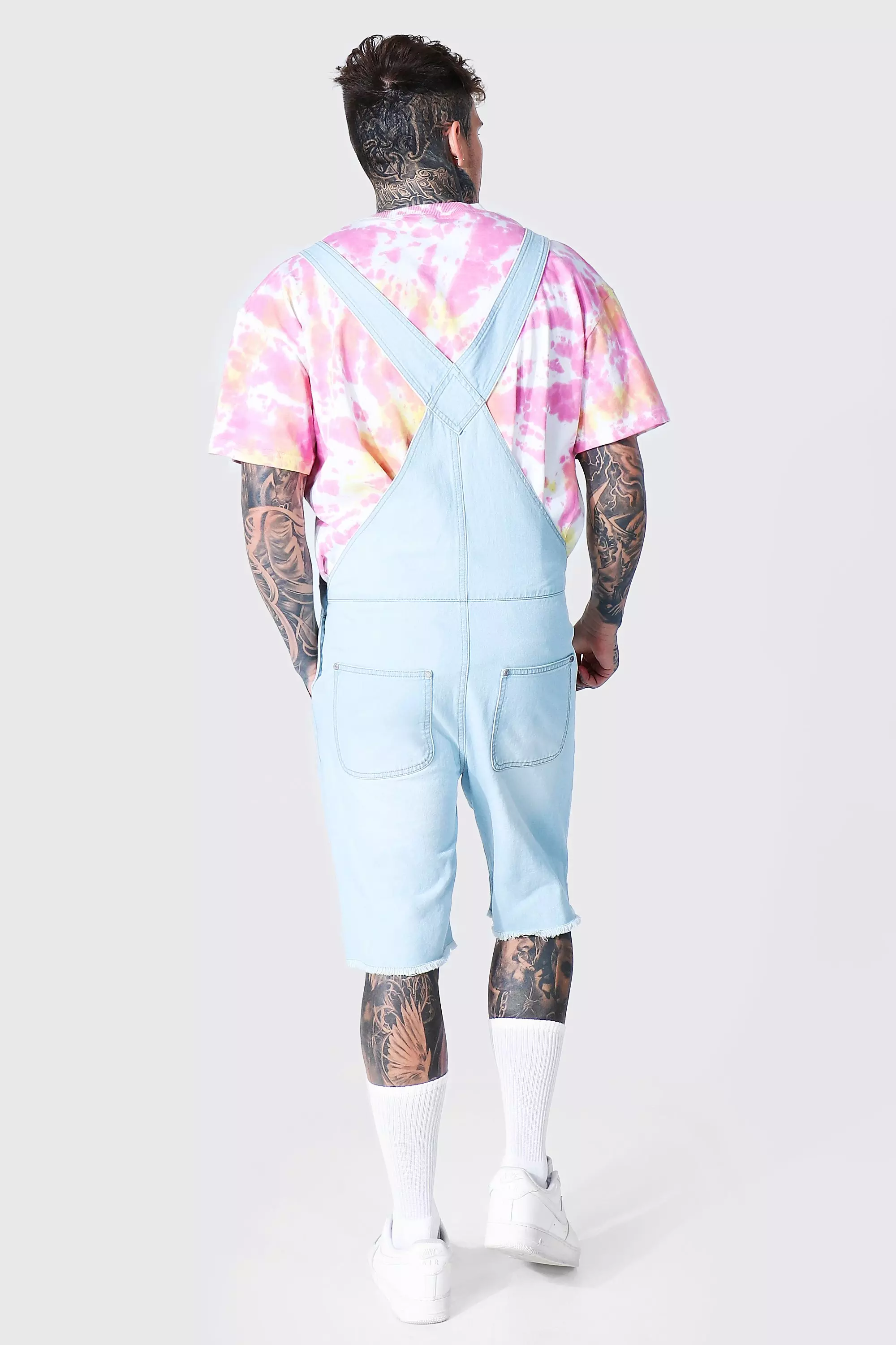 Ice blue Relaxed Fit Short Dungaree With Frayed Hem alternative image